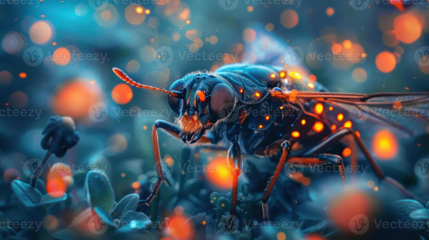 a close-up of a stinging insect, possibly an ant or bee, illuminated by fireflies, photo