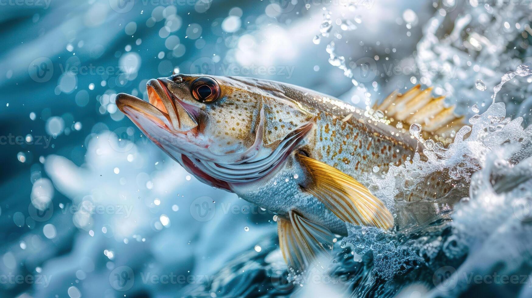 Vibrant fish leaping from a splash of water, with a backdrop of an aquatic environment. photo