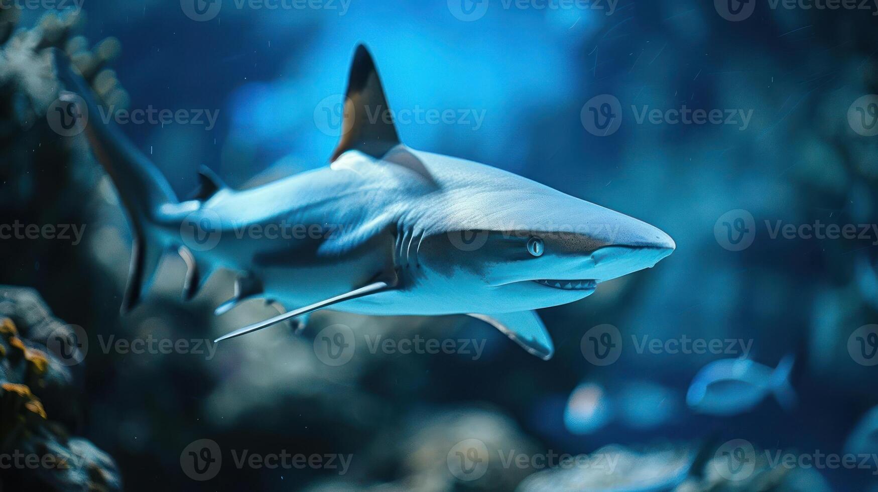 An underwater photo capturing a large white shark swimming close to the camera with a coral reef in