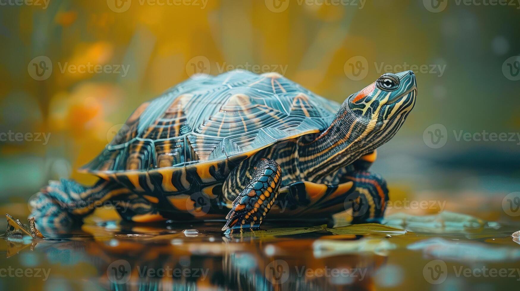 A turtle is seen walking in a pond, surrounded by aquatic vegetation and water lilies. photo