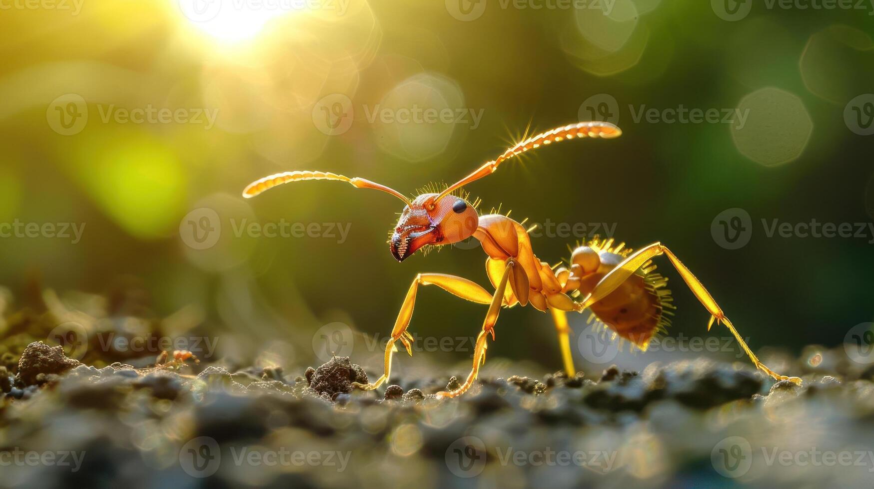 Vibrant yellow ants in a line, walking towards the right of frame. photo