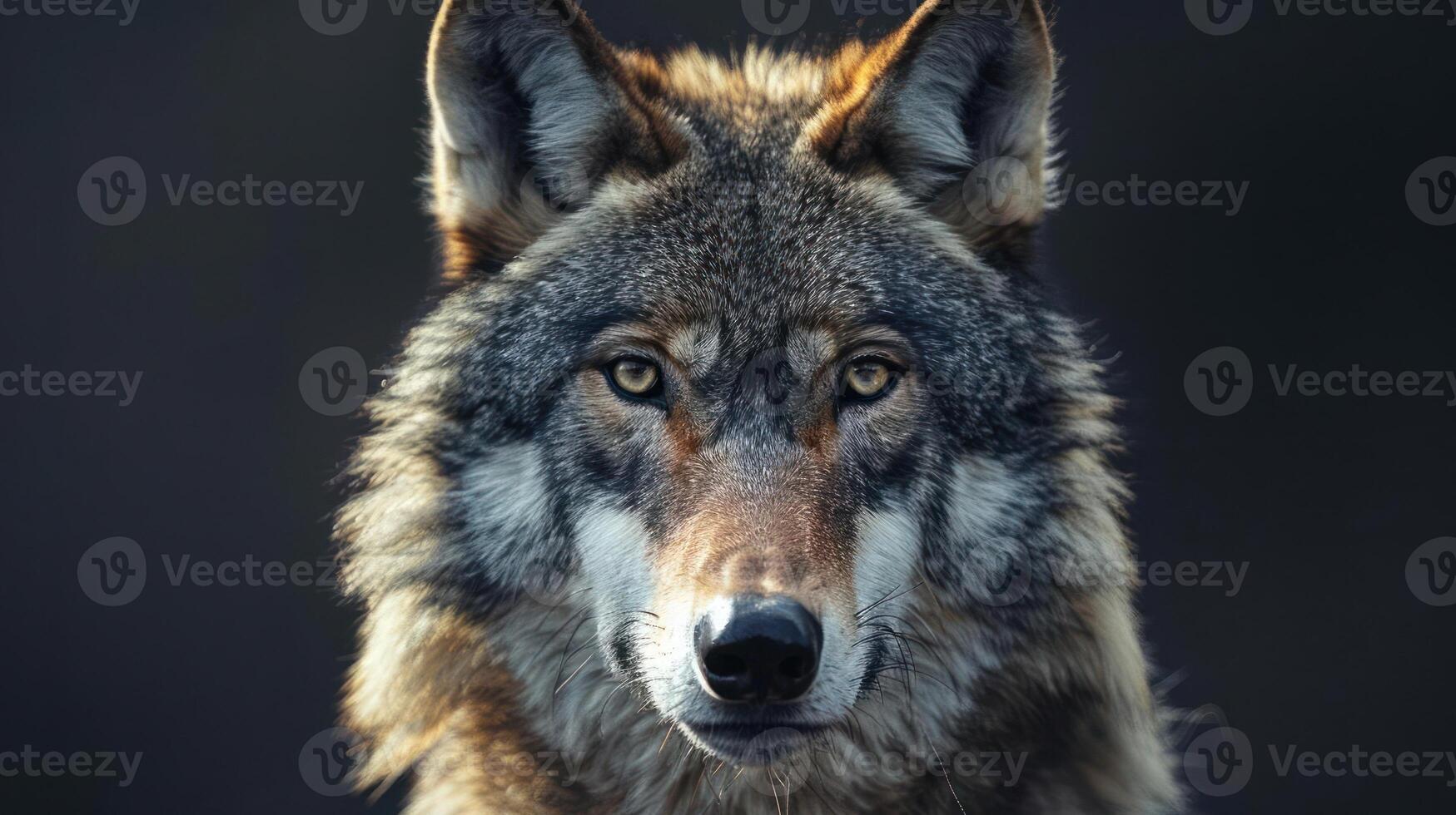 A close-up portrait of the wolf's face with intense eyes and ears perked forward, photo