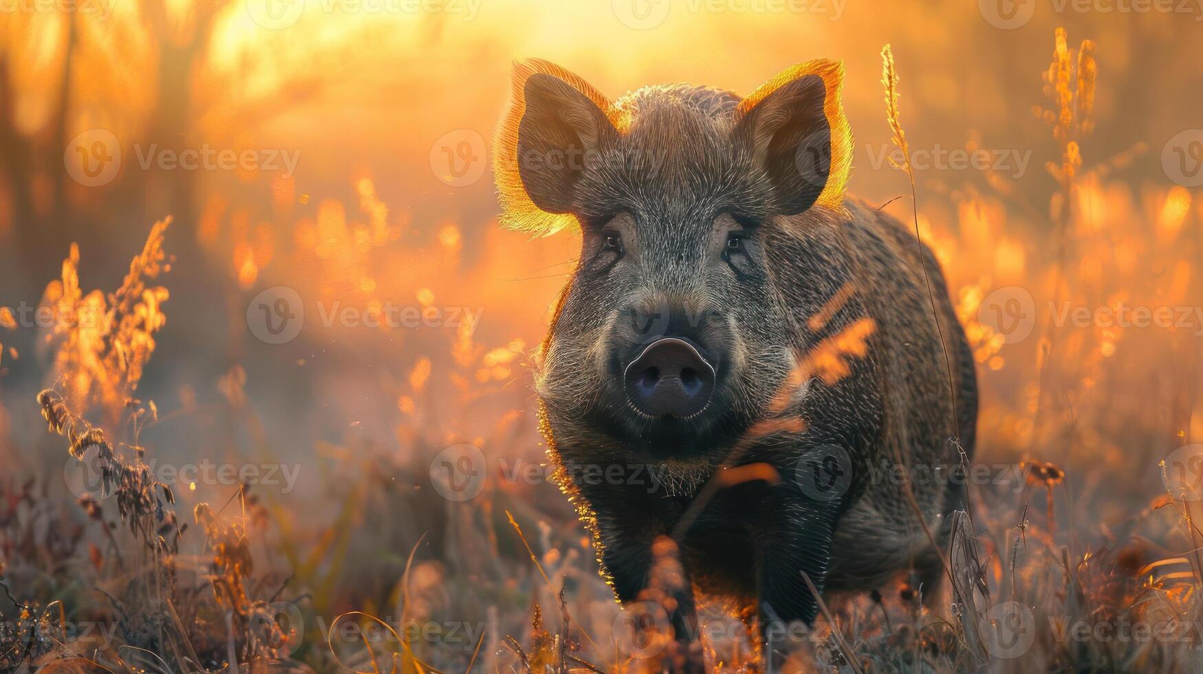 A pink hog is standing in a field of autumn leaves during sunset, creating a picturesque scene. photo