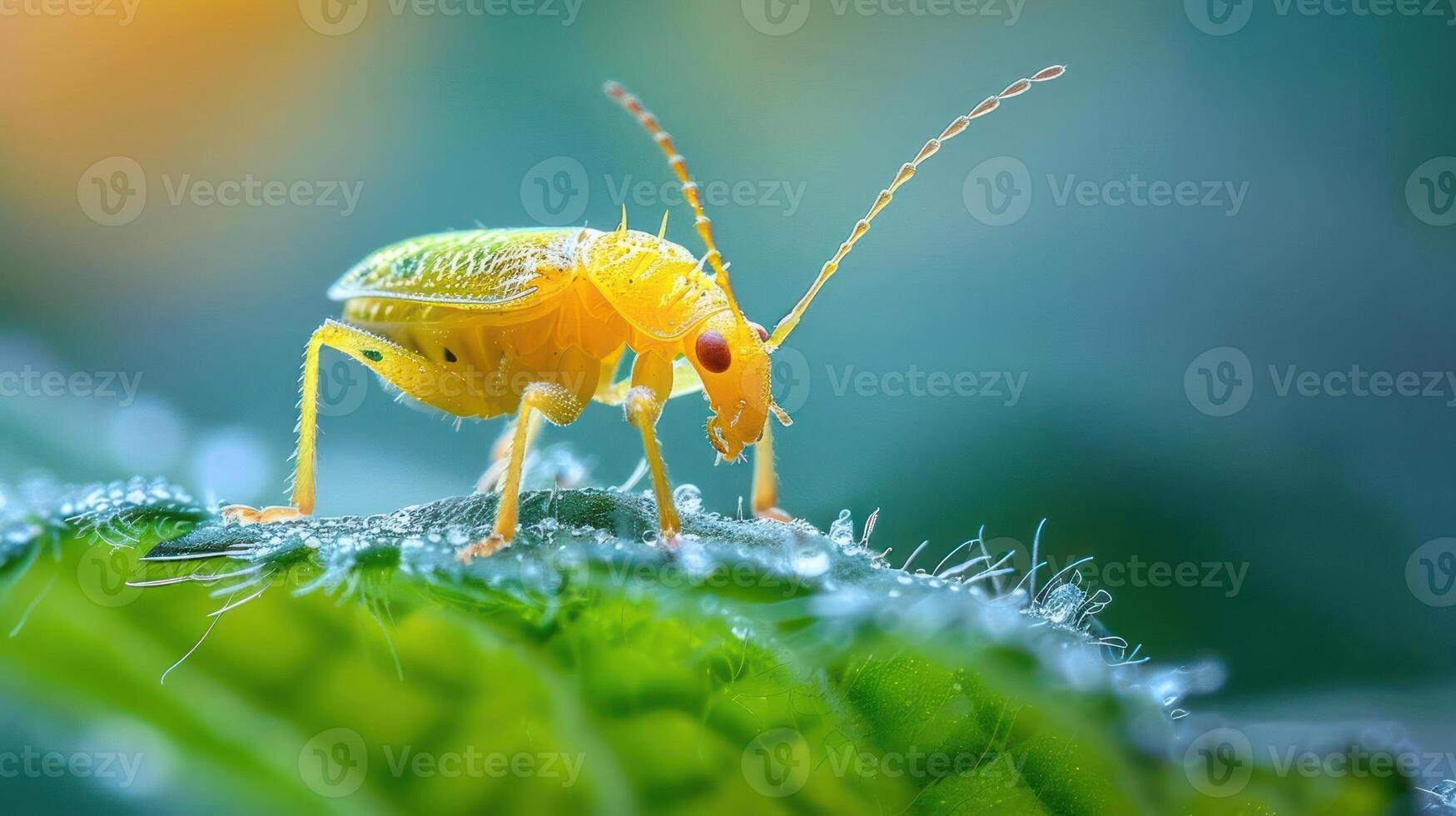 A vibrant yellow beetle with antennae on a leaf. photo