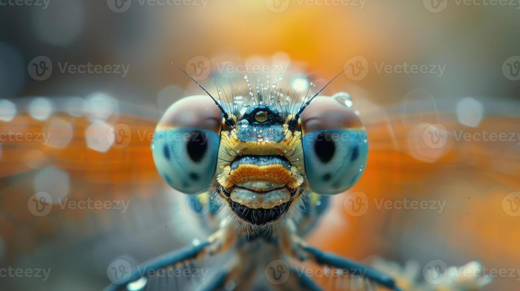 A vividly colored close-up photo of a dragonfly, showing its detailed eyes and intricate patterns.
