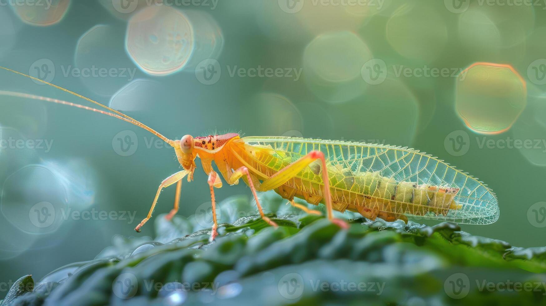 A yellow and green insect with intricate markings is perched on a vibrant green leaf. photo