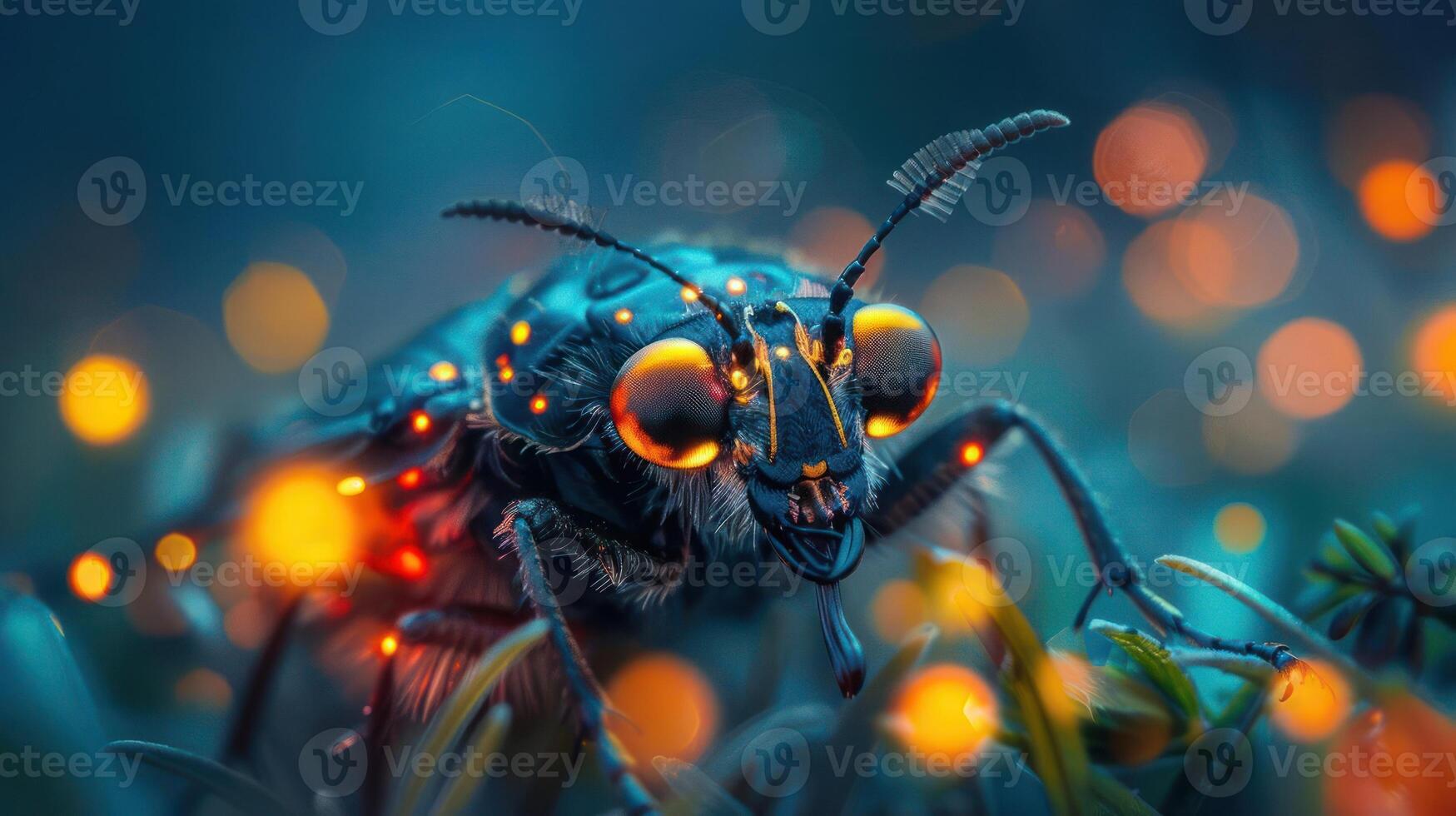 A photograph of a brightly lit cicada with an ethereal glow and drops of light illuminating it again photo