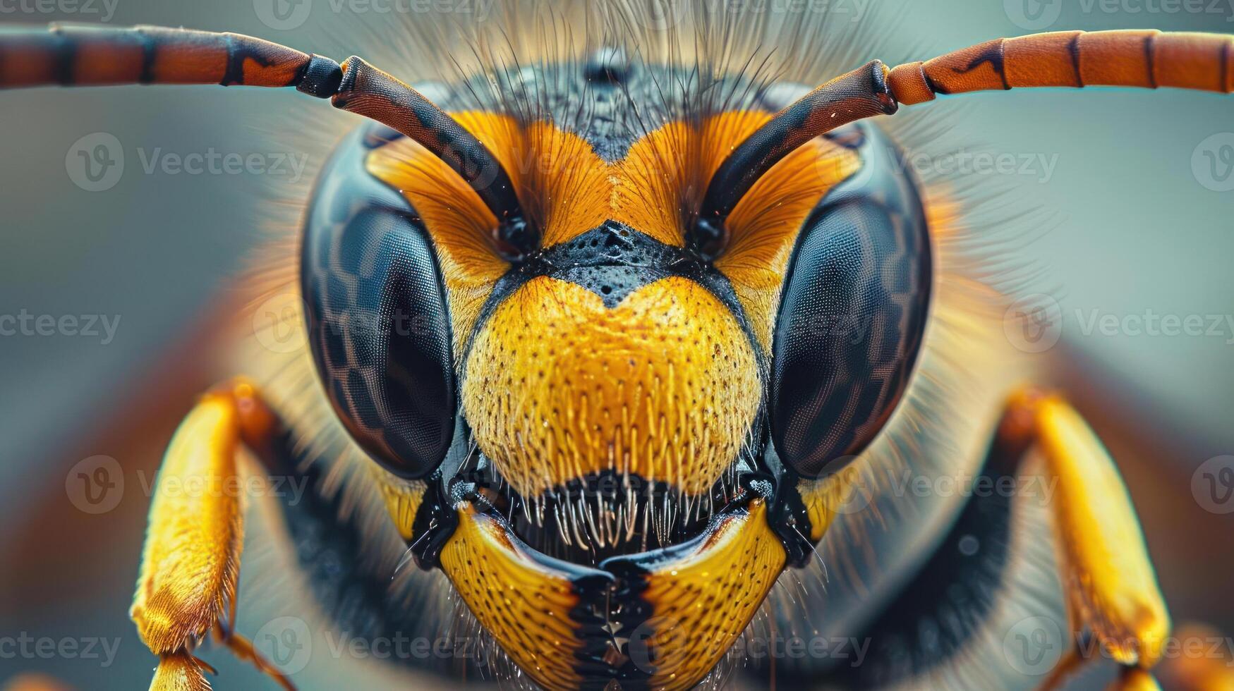 A close-up photo of a bee's head and face, with focus on the distinctive yellow and black markings.