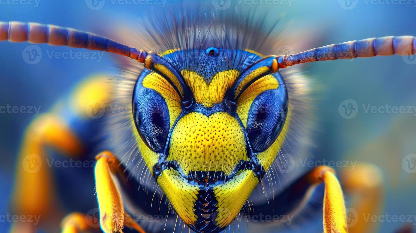Up-close photograph of a bee with striking yellow and blue colors, photo