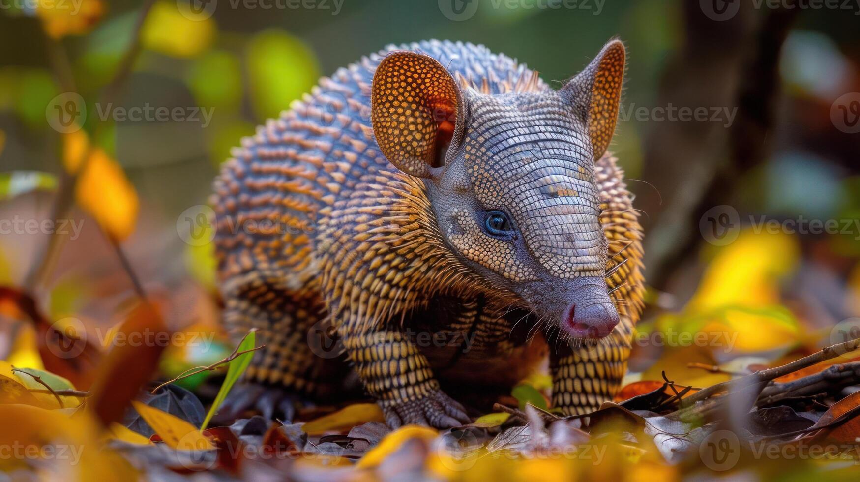 The photo shows an armadillo walking through a forested area,