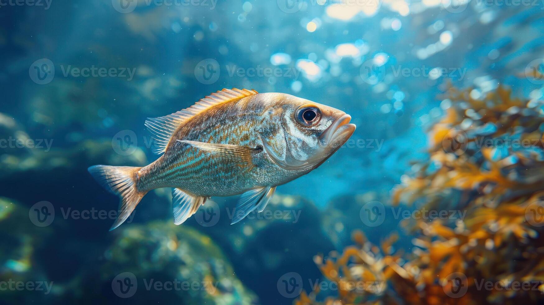 A vibrant redtooth triggerfish in the midst of an underwater coral reef, captured from above. photo