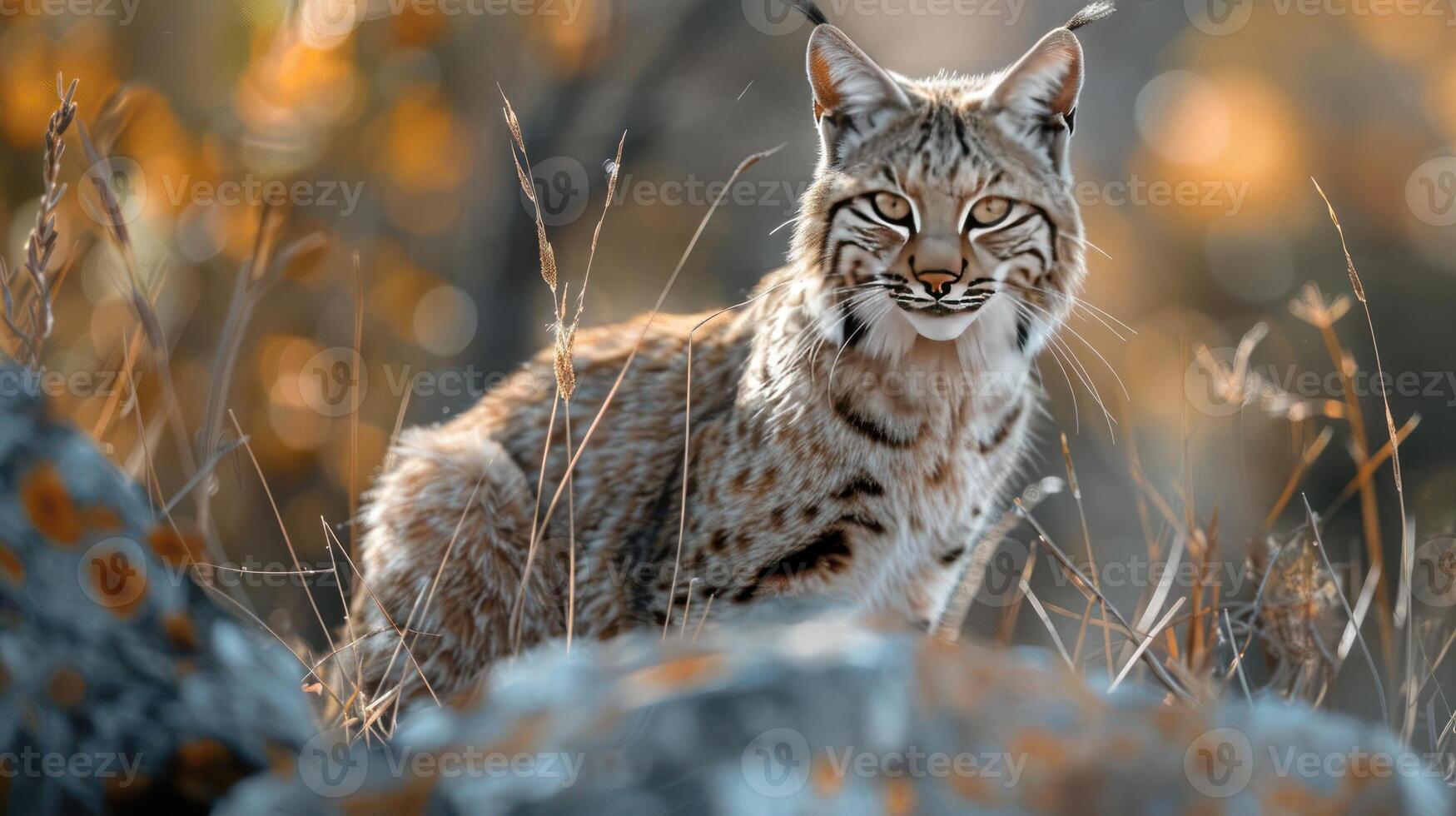 A wild lynx gazes into the camera amidst a forest of autumn leaves. photo