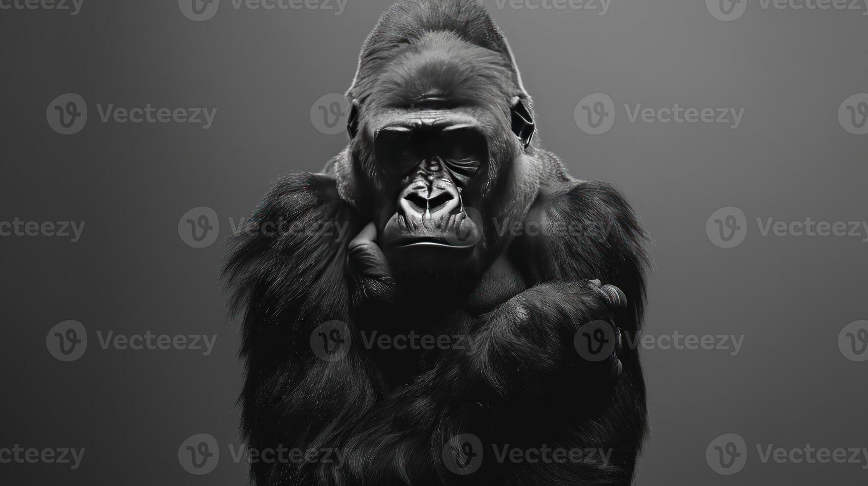 A digitally manipulated image of a chimpanzee with its hand over its face, photo