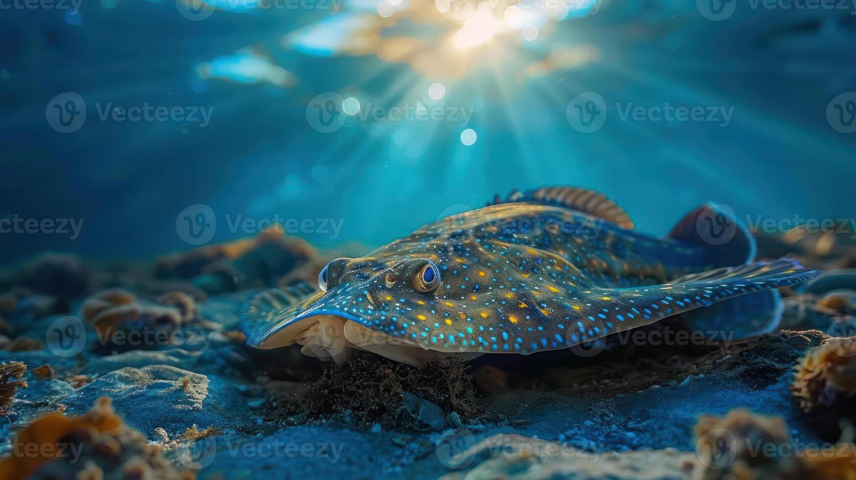 A vibrant and colorful image of a tropical fish, photographed under the ocean. photo