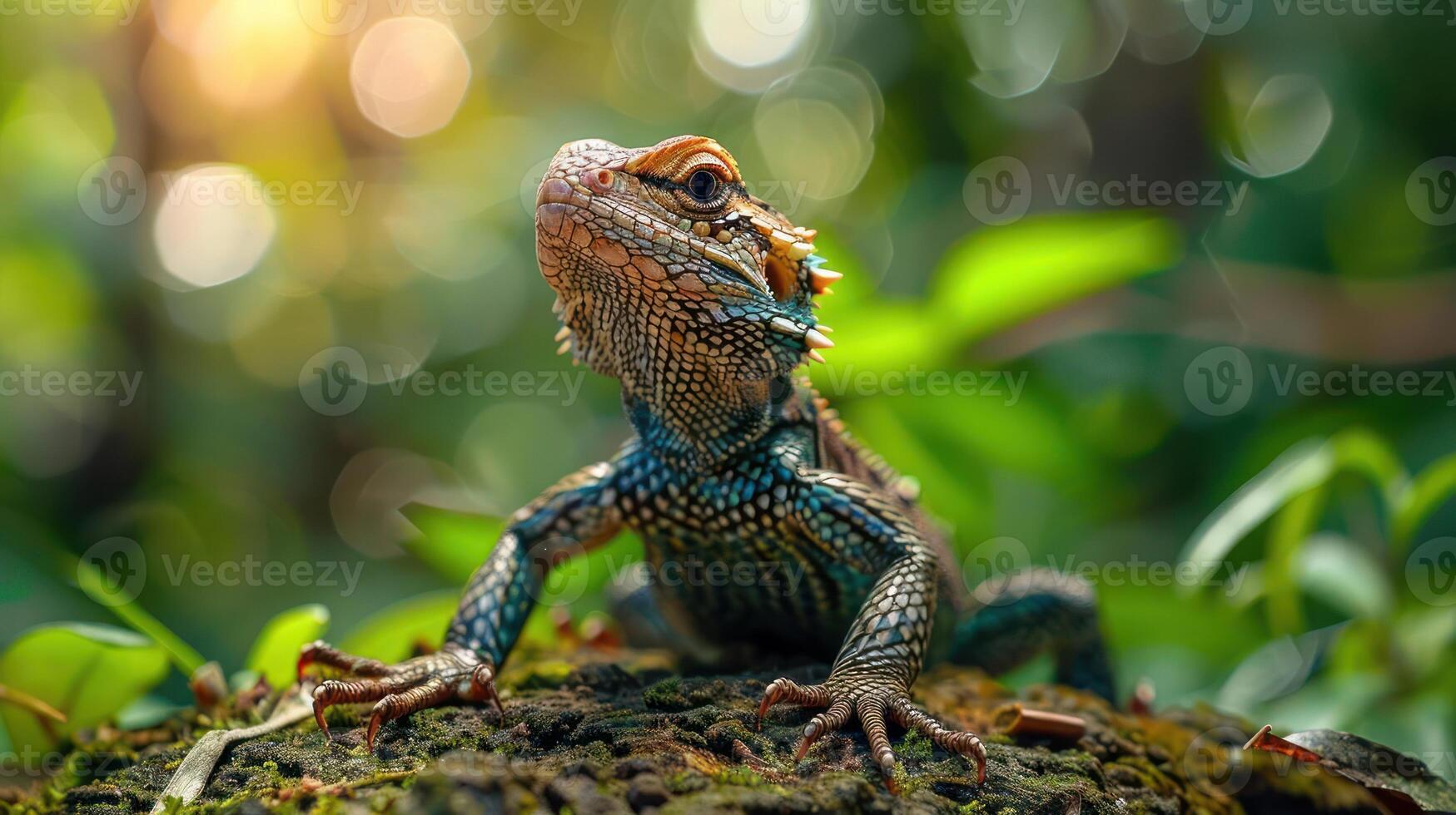 A chameleon with colorful patterns perched on a tree limb in a natural setting, facing the camera. photo