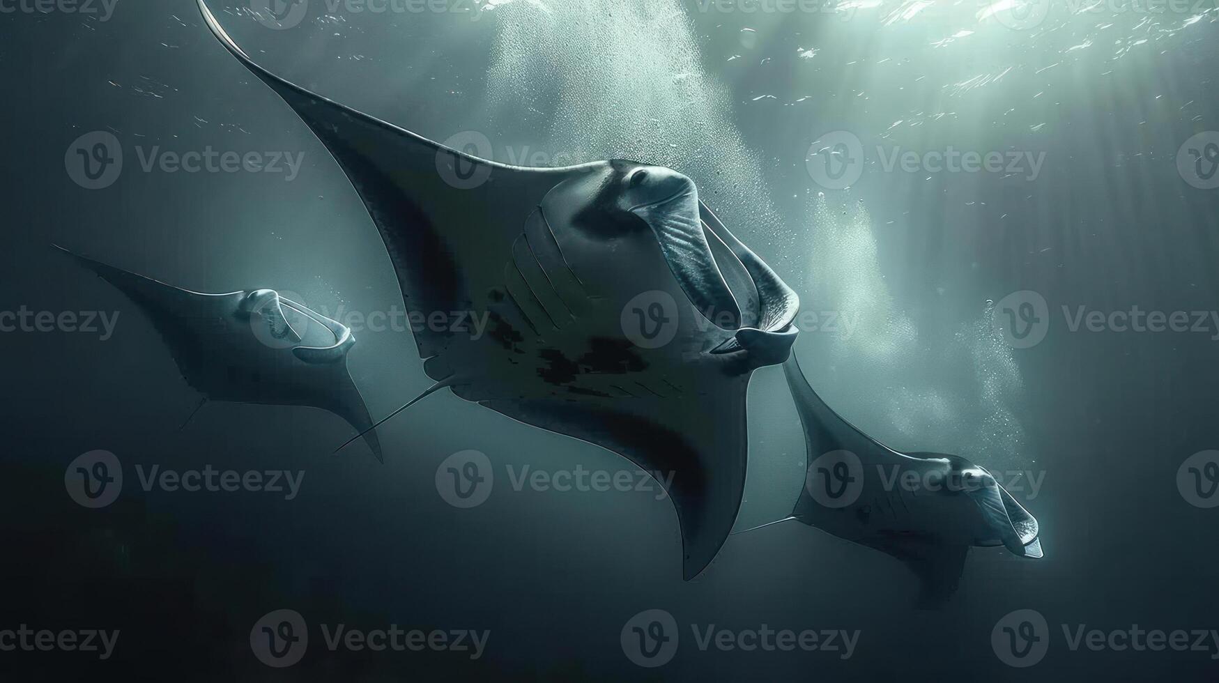 A group of five flying squids in an underwater scene, including a massive one that dominates . photo