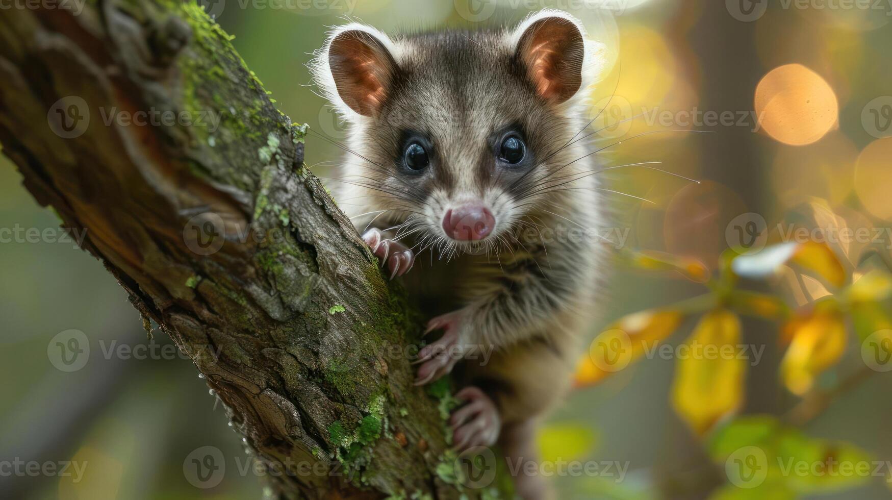 A small, cute fox perched on a tree branch. photo
