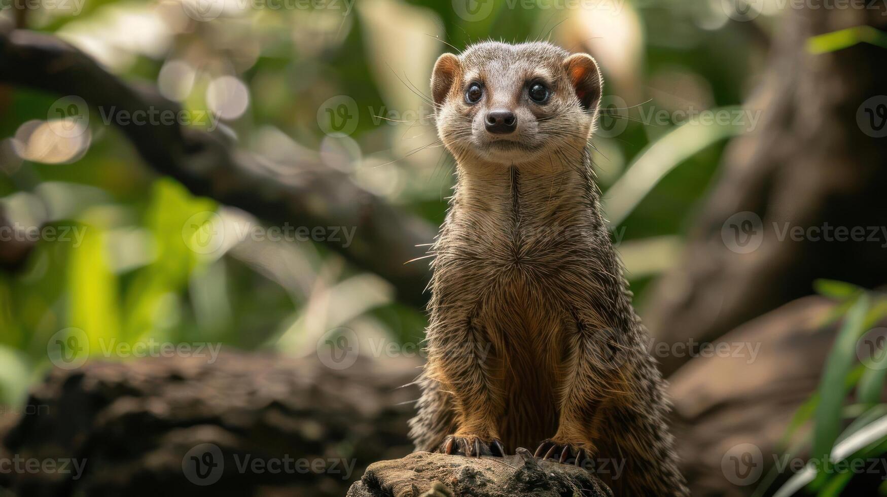 A curious look on a small creature's face, set against the backdrop of a lush forest. photo