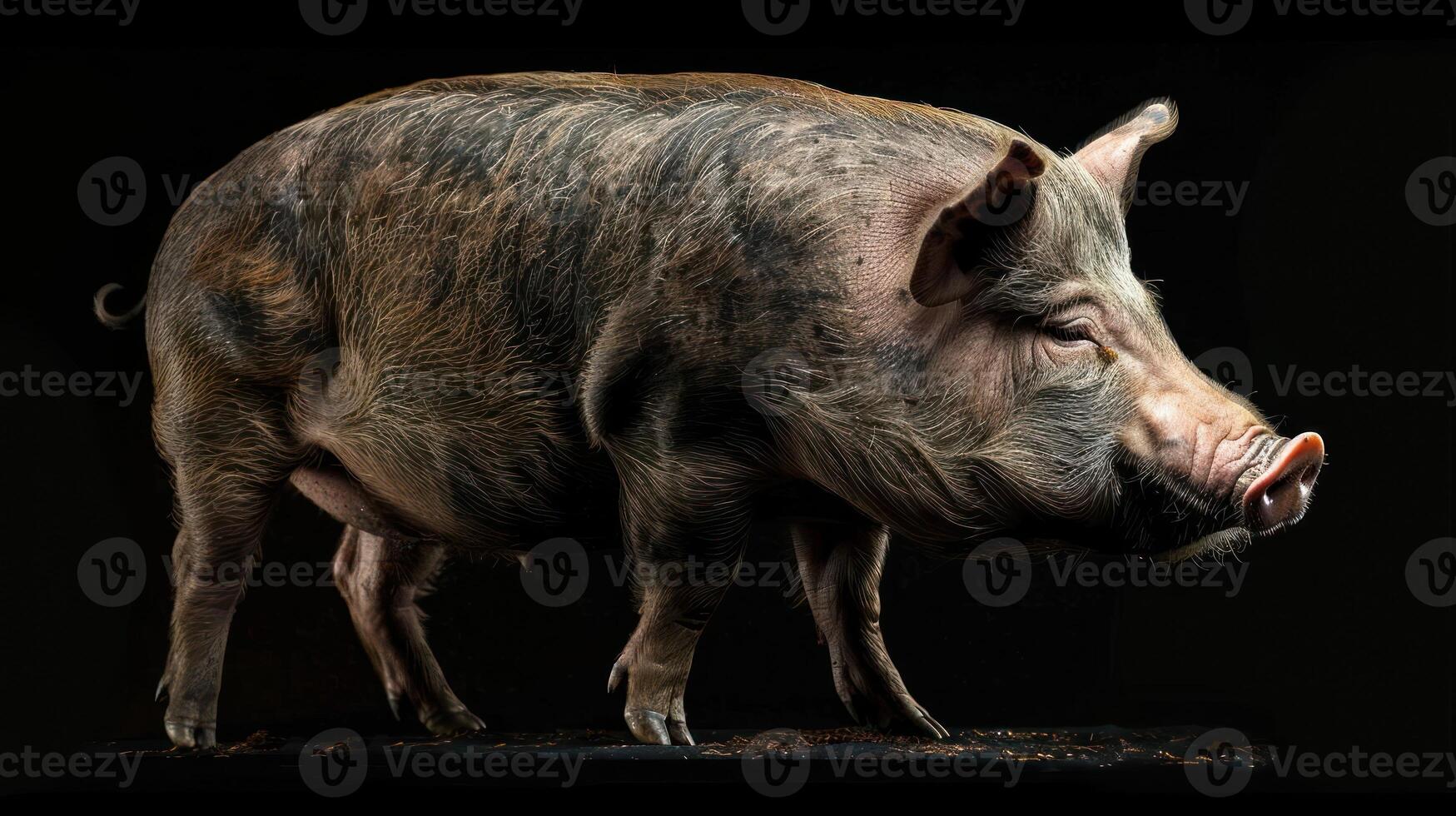 A vivid image of a pig walking in the center, photo