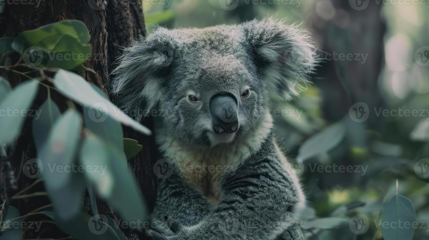 Cute koala sitting on a branch with lush greenery and misty background, photo