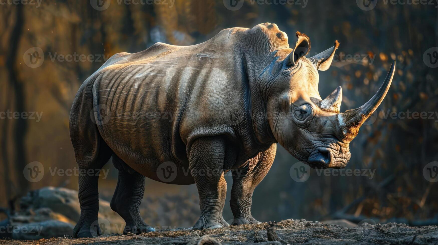 A majestic rhino walks towards the right side of a forest, photo