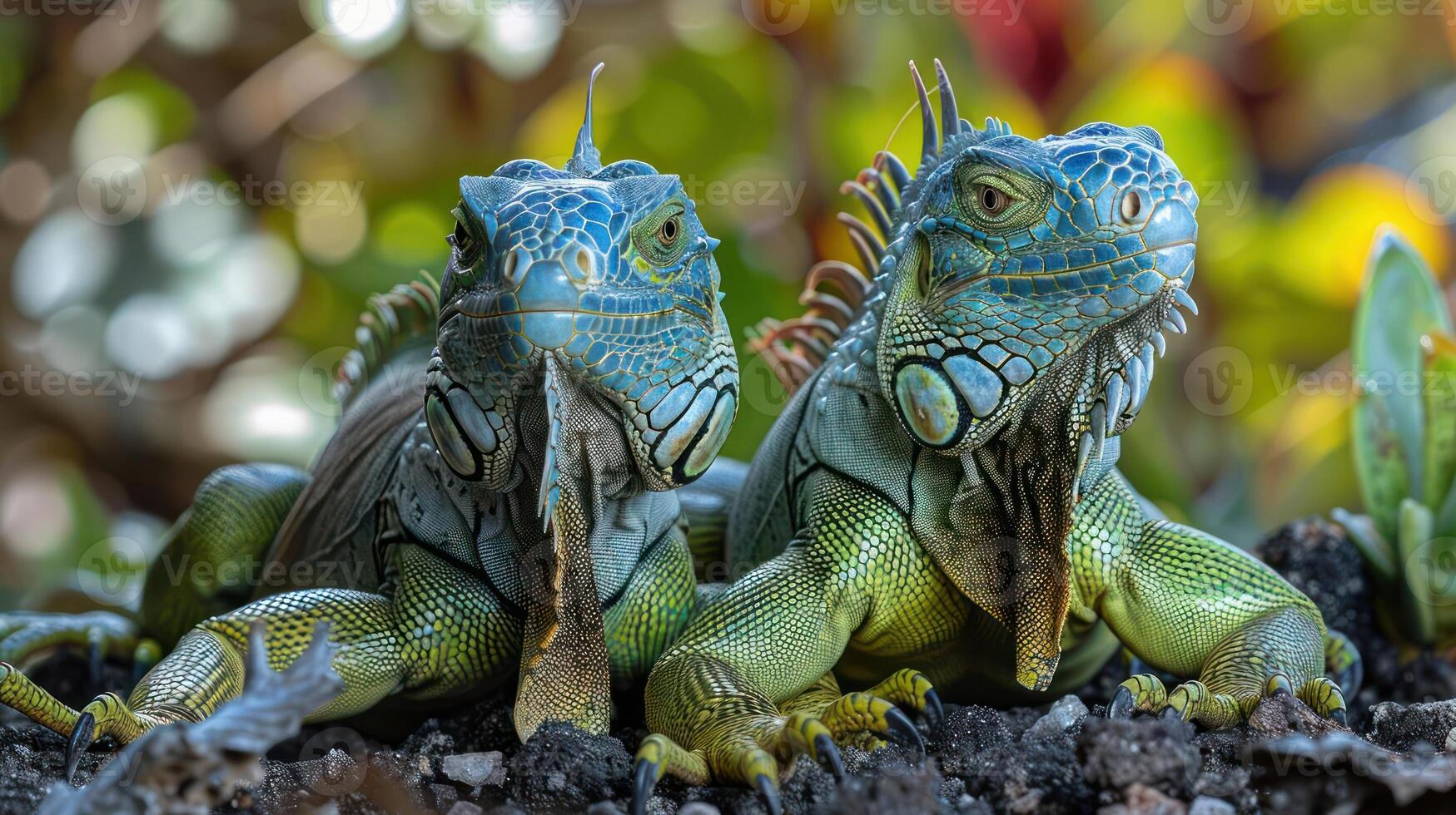 A vibrant blue and green reptile lizard with a unique pattern on its scales, photo