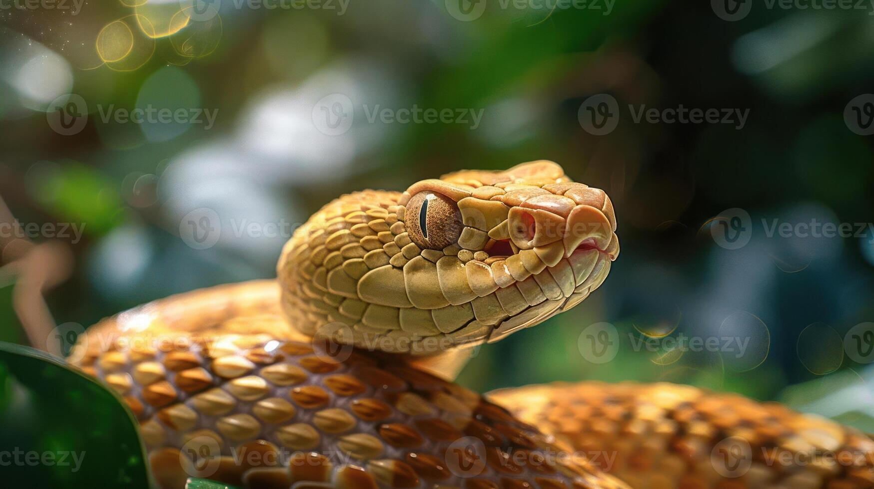 A yellow snake with red eyes and a small tongue, looking playful and charming. photo