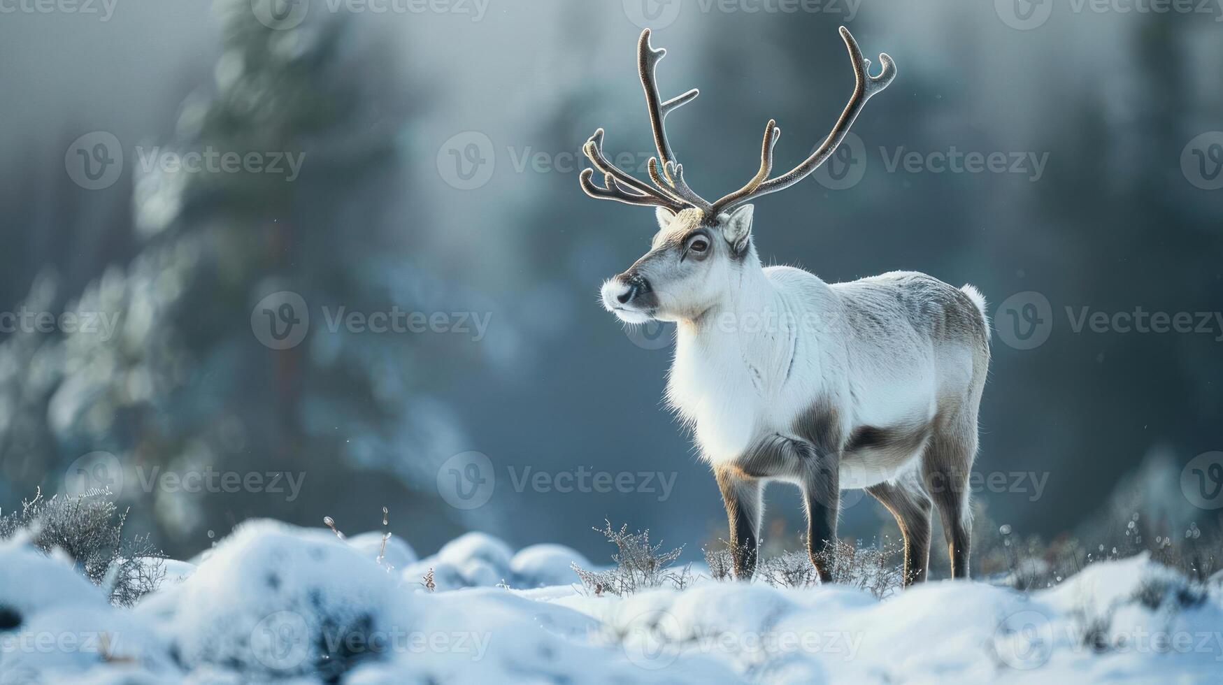 Majestic, tall and elegant reindeer standing on a snowy landscape during winter. photo