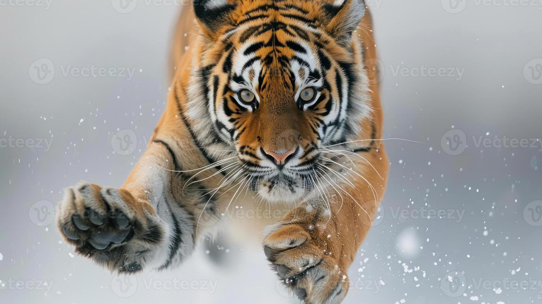 A powerful and majestic tiger mid-air, photo