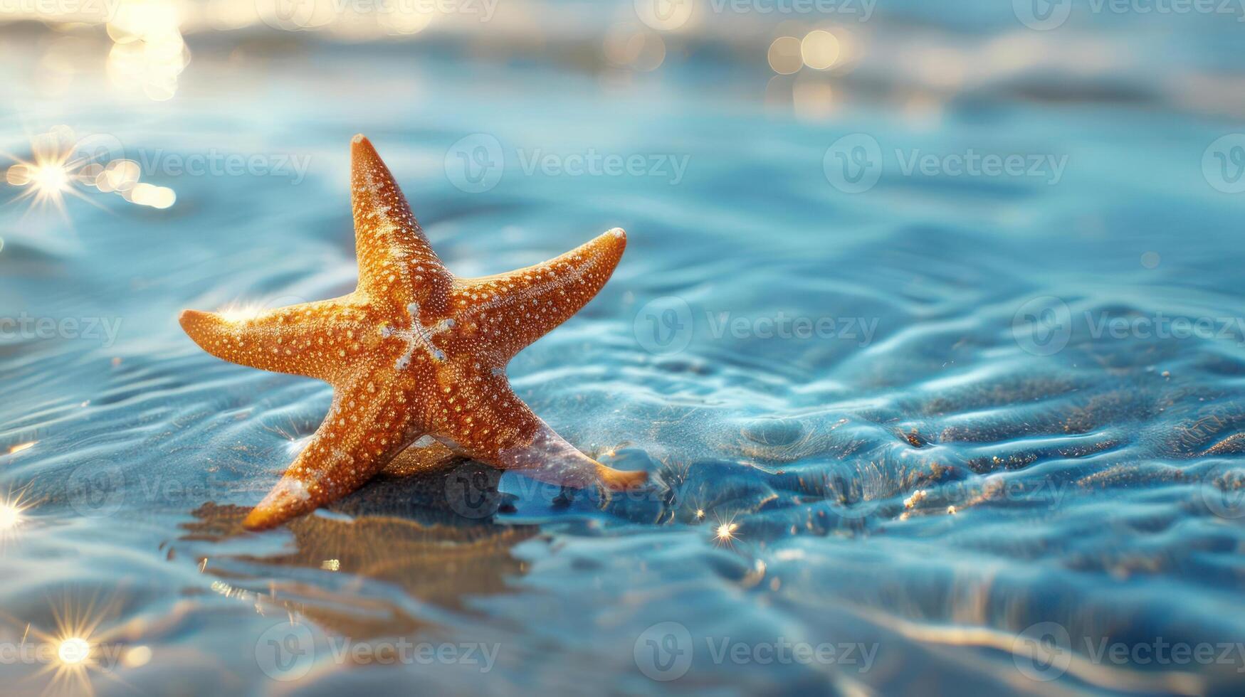 A starfish sits in the shallow water with its arms outstretched and a glistening surface of water ar photo