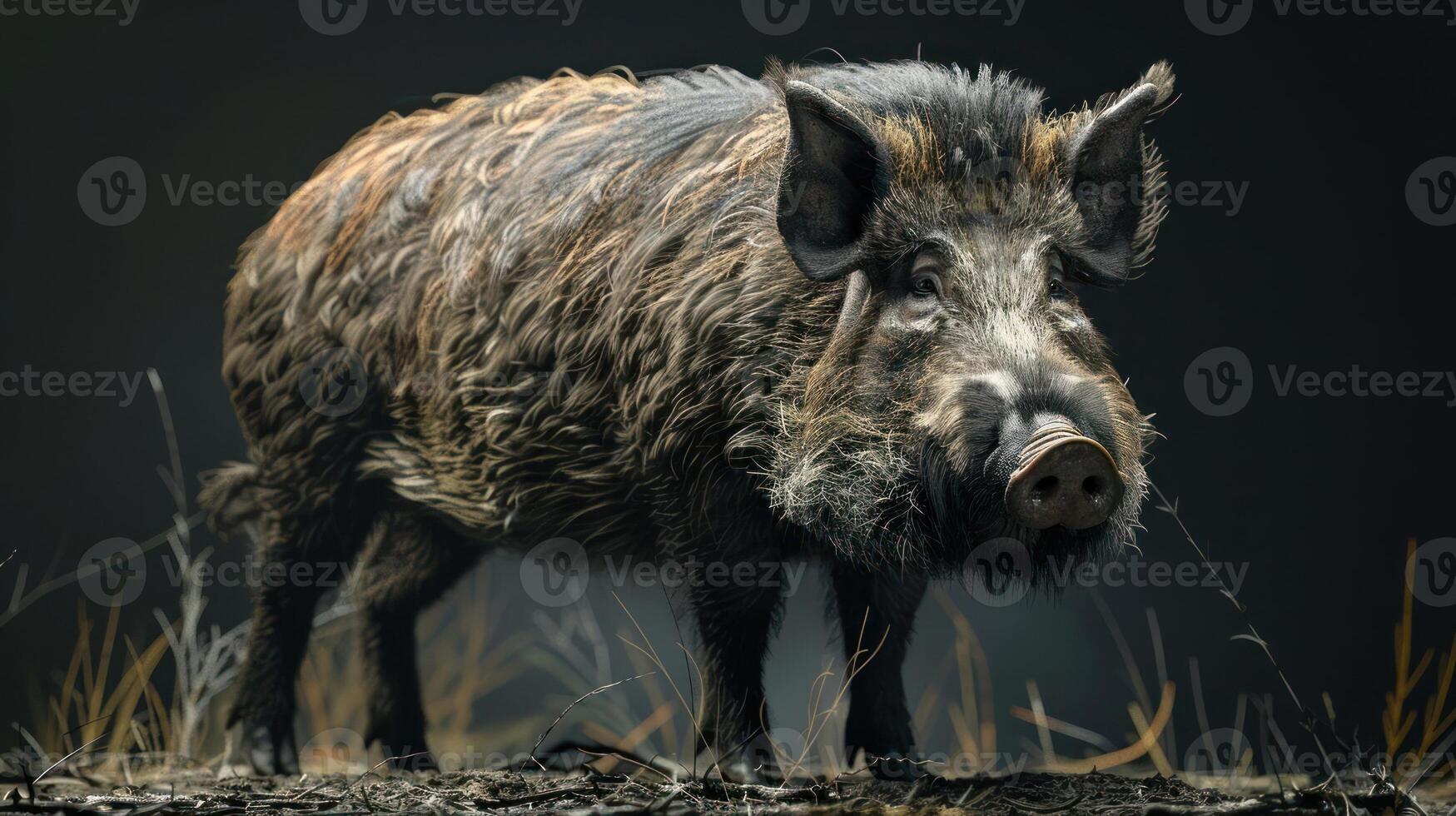 A large, rugged wild boar striding towards a camera during the night. photo