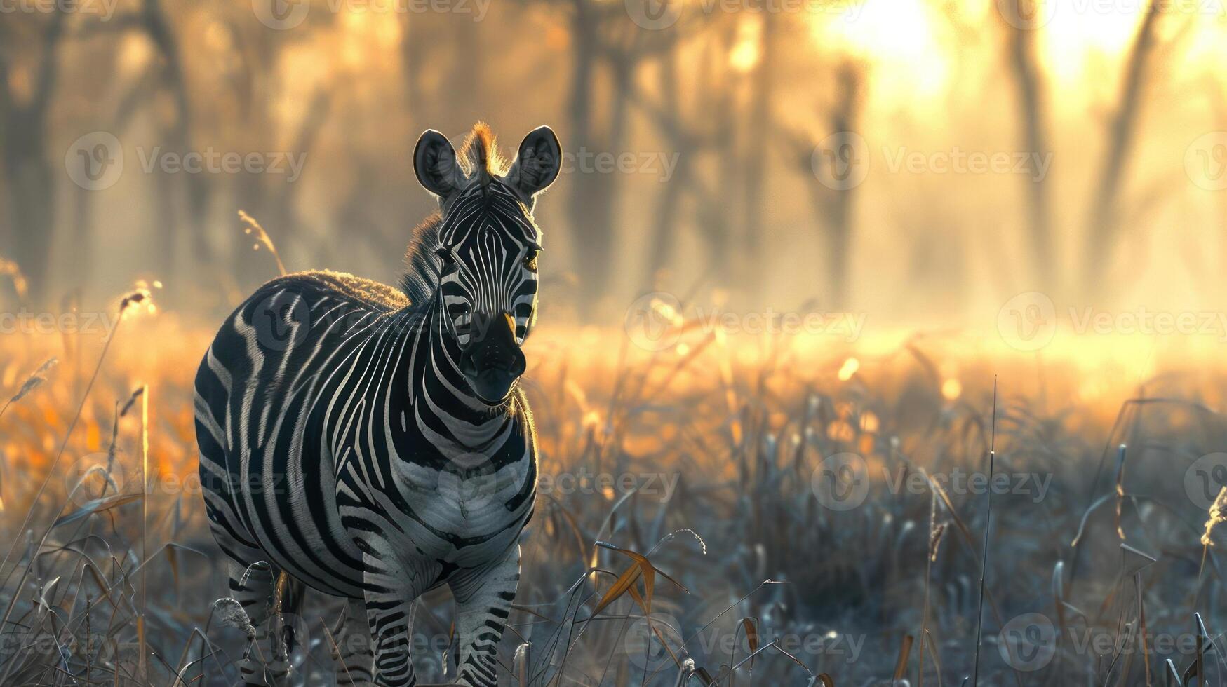 A zebra standing in a field of tall grass, facing the sunset with its head down, photo