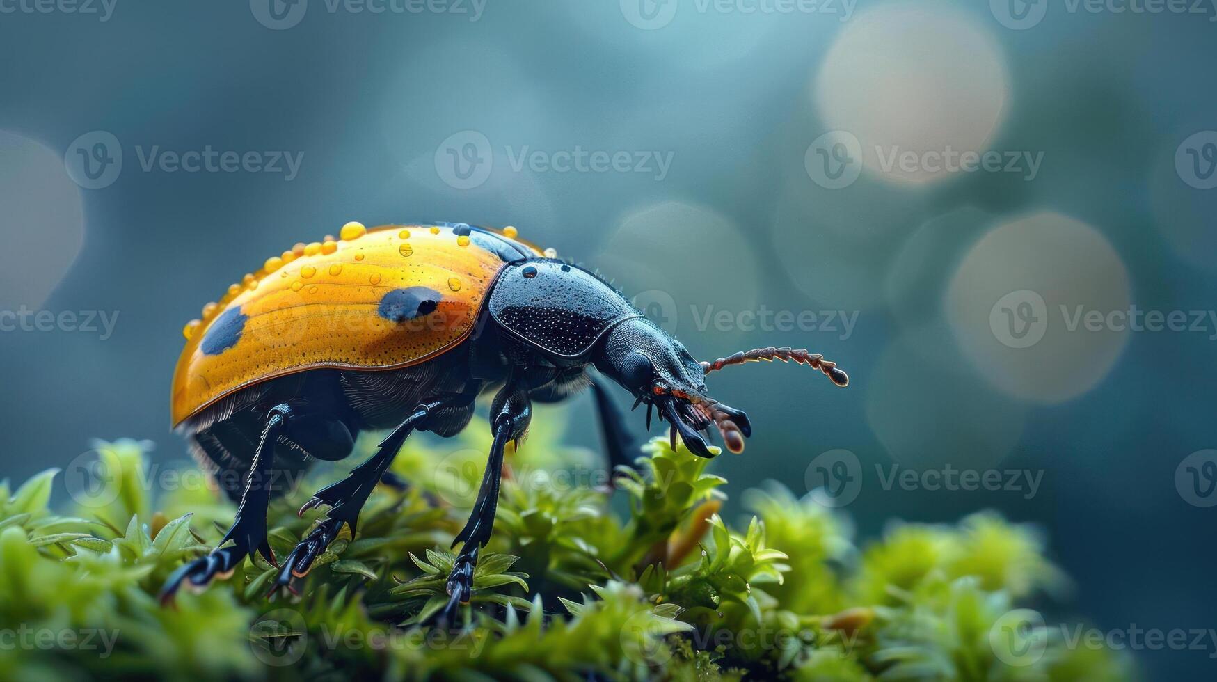 A close-up photograph of a ladybug on a mossy rock surface, photo