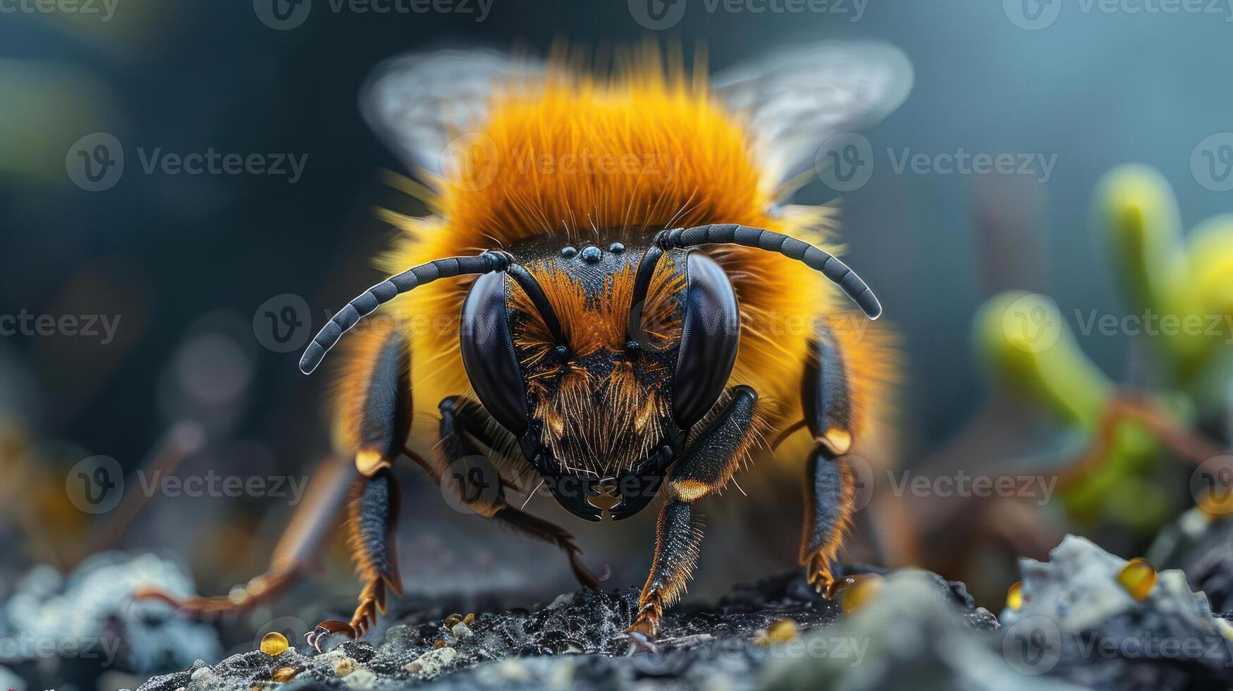 A close-up of a bumblebee collecting pollen, photo