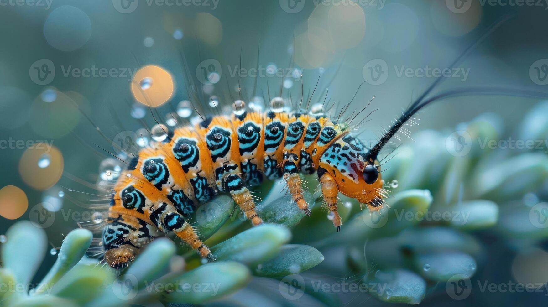 A close-up photo of a colorful caterpillar resting on a plant, surrounded by droplets of water.