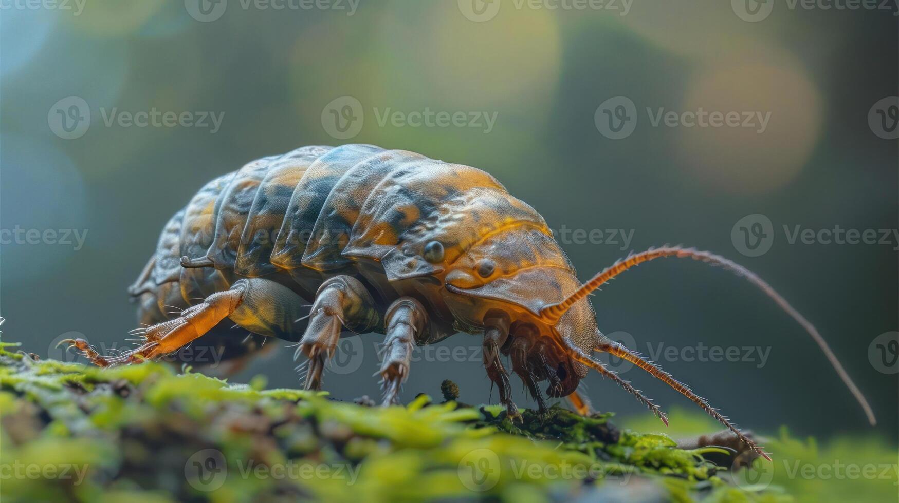 A close-up image of an insect, likely a bug or beetle, walking on a mossy leaf. photo