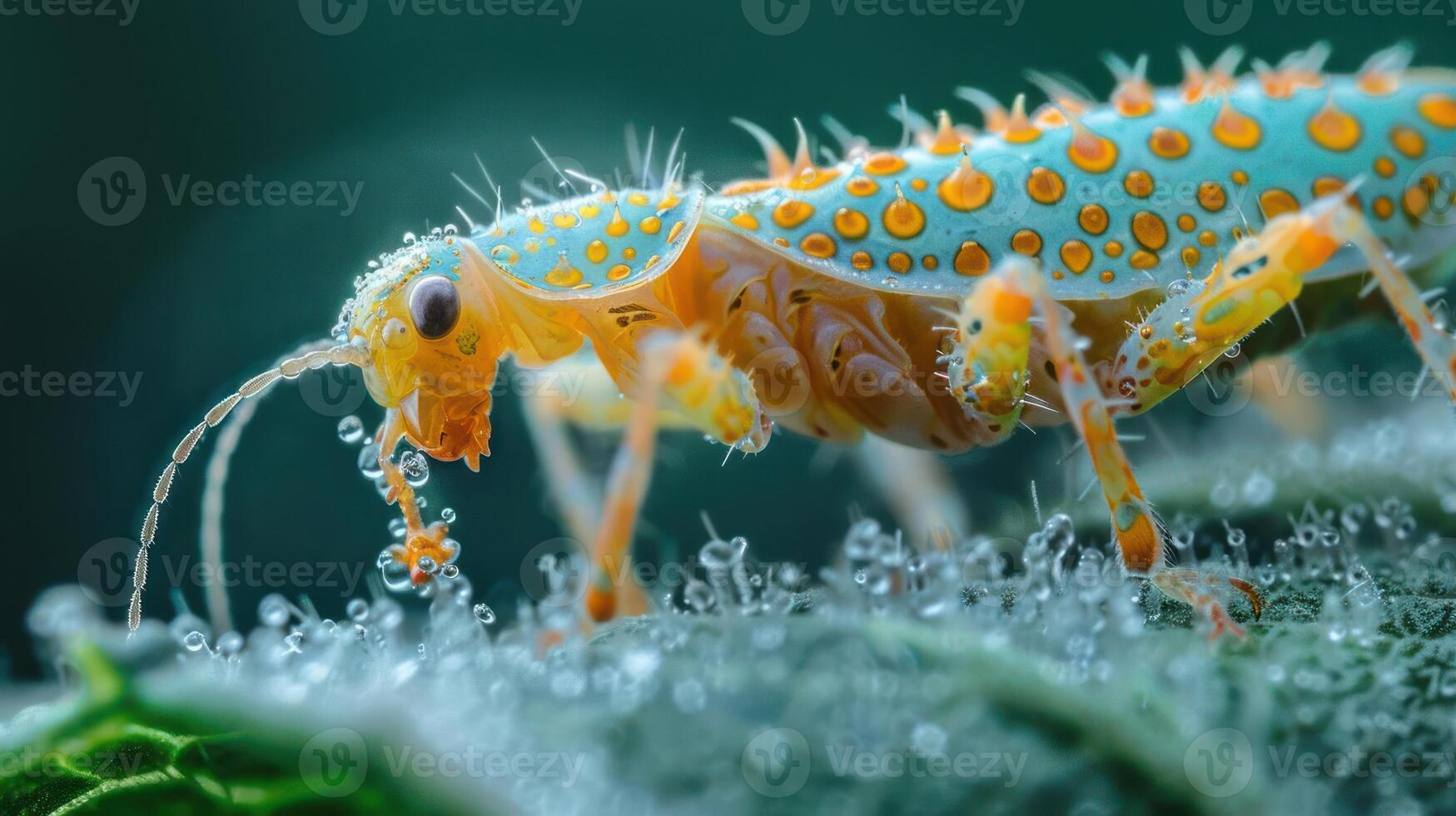 A vivid, close-up image of two brightly colored insects with a blurred background. photo
