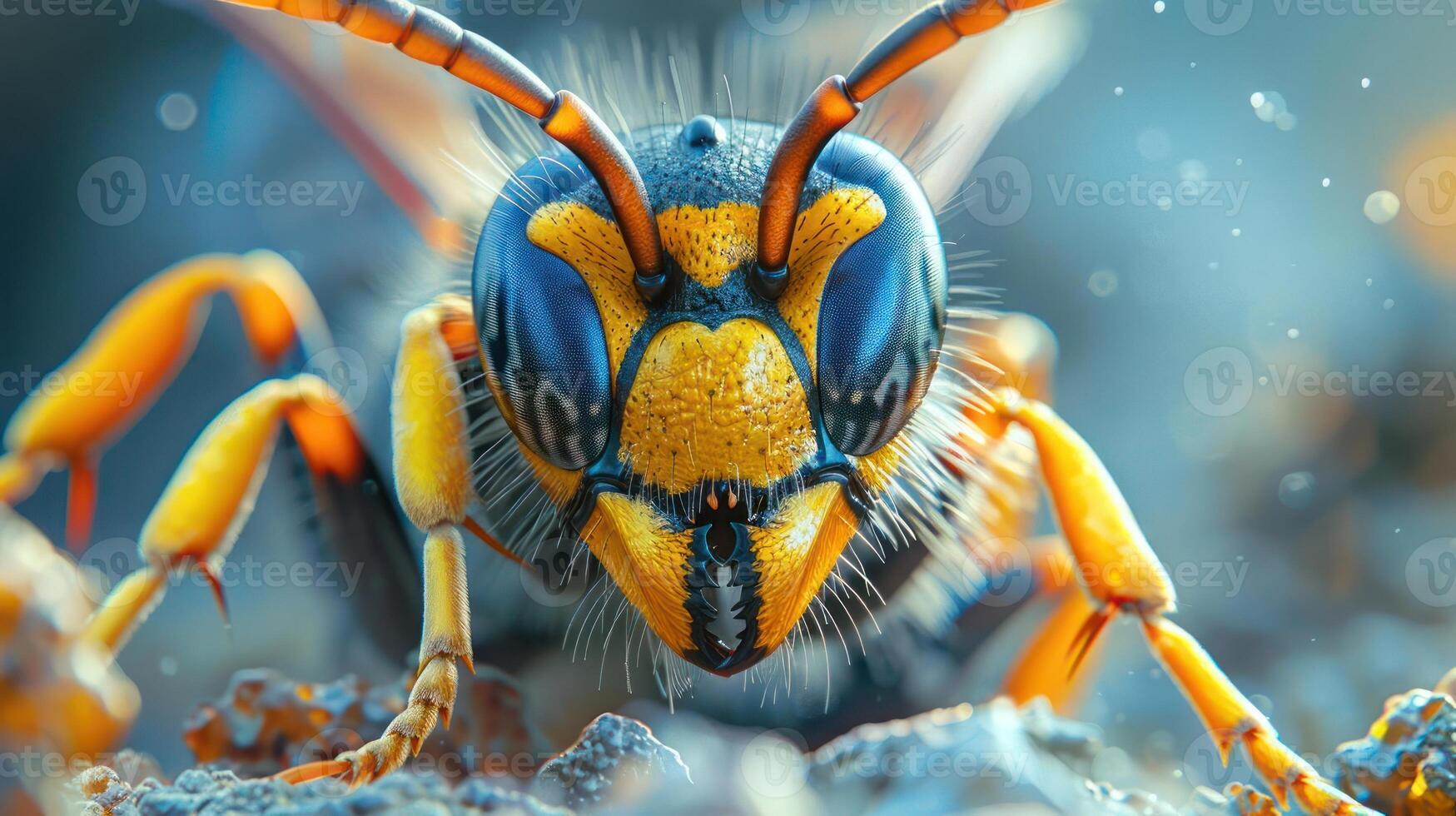A close-up of a stinging insect with big mandibles, possibly an ant or bee. photo