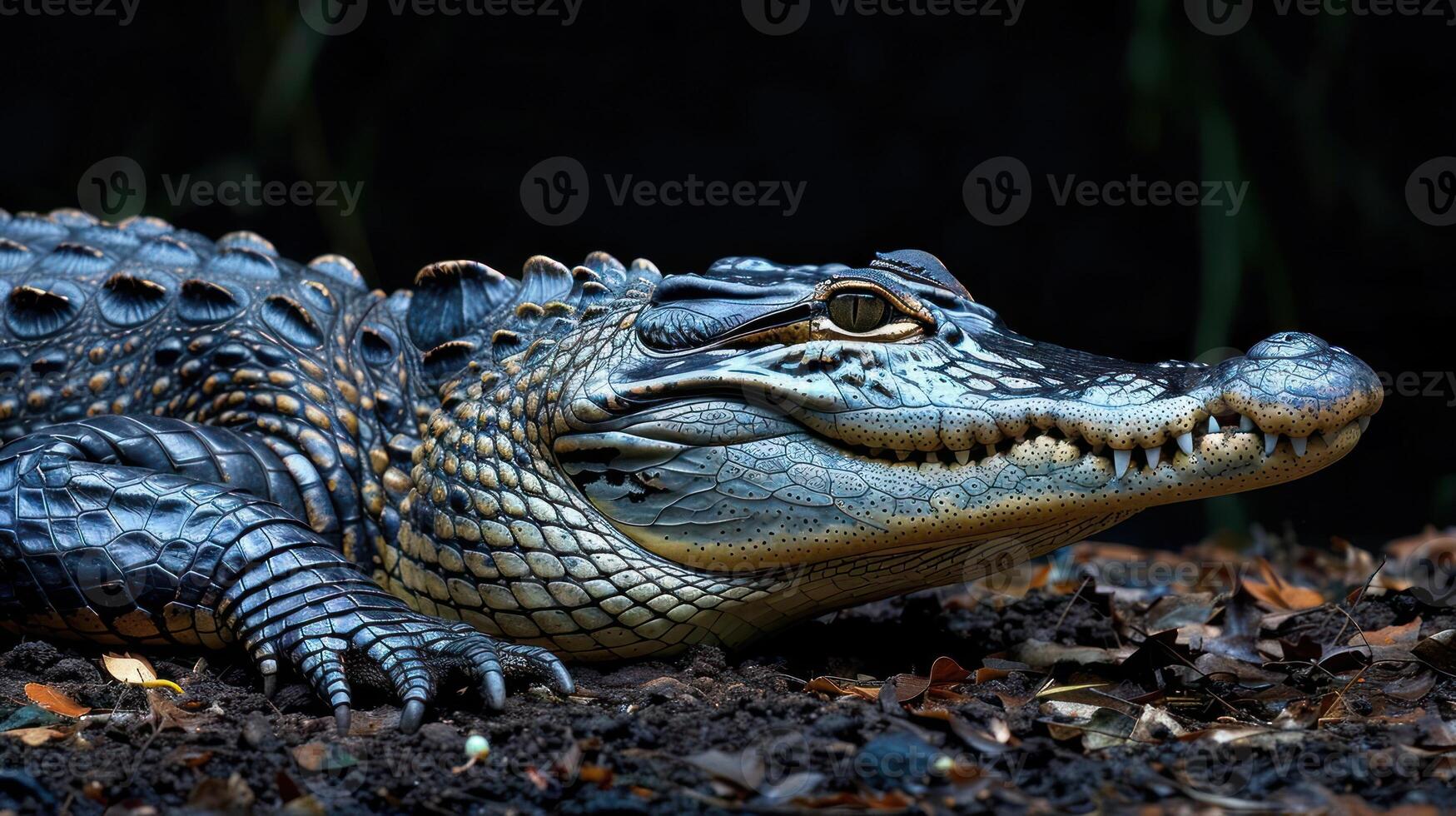 A close-up image of a crocodile with its mouth open, appearing as if it's taking a bath. photo