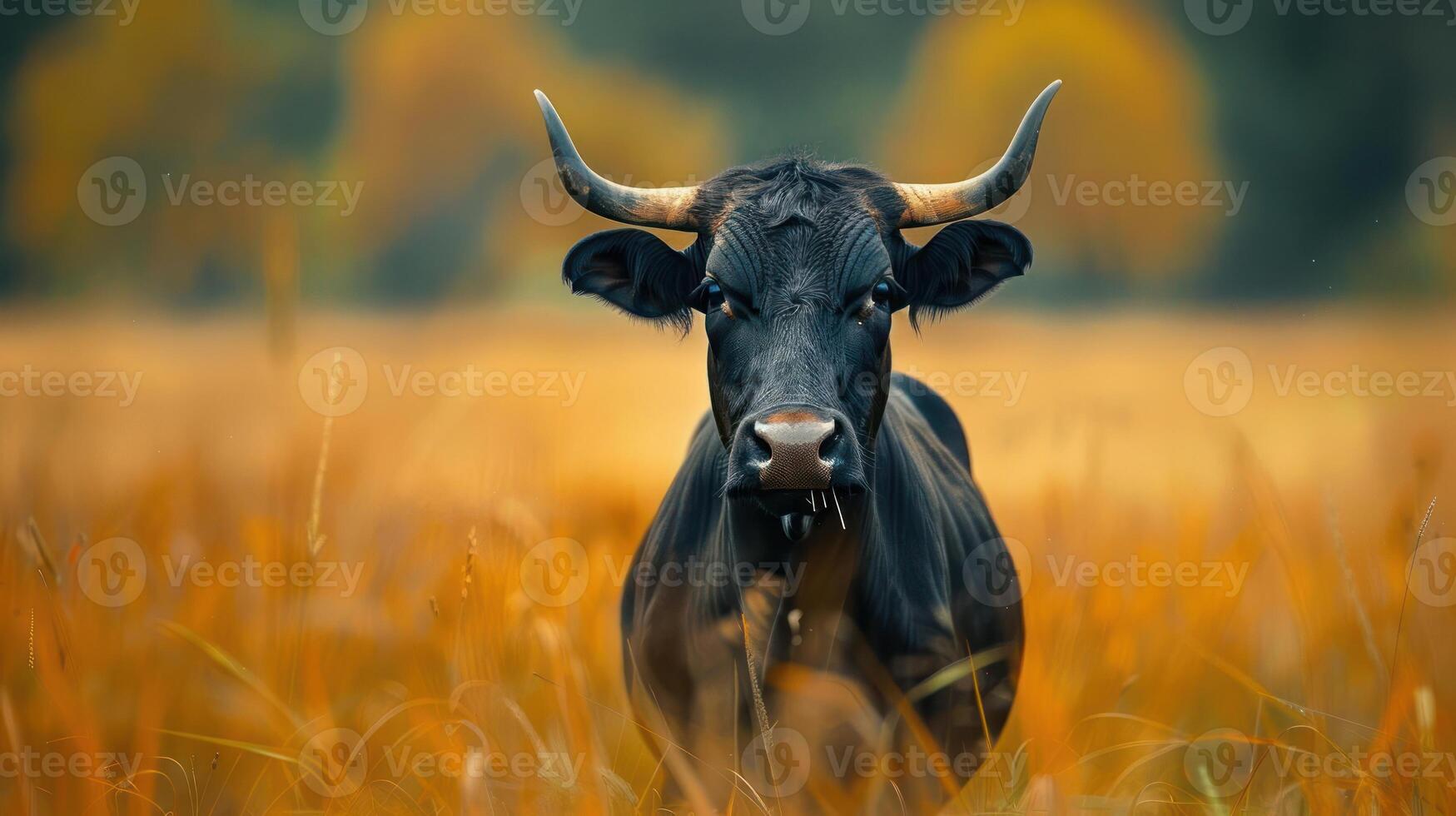 A bull stands prominently in the foreground, with its head turned to the right side. photo