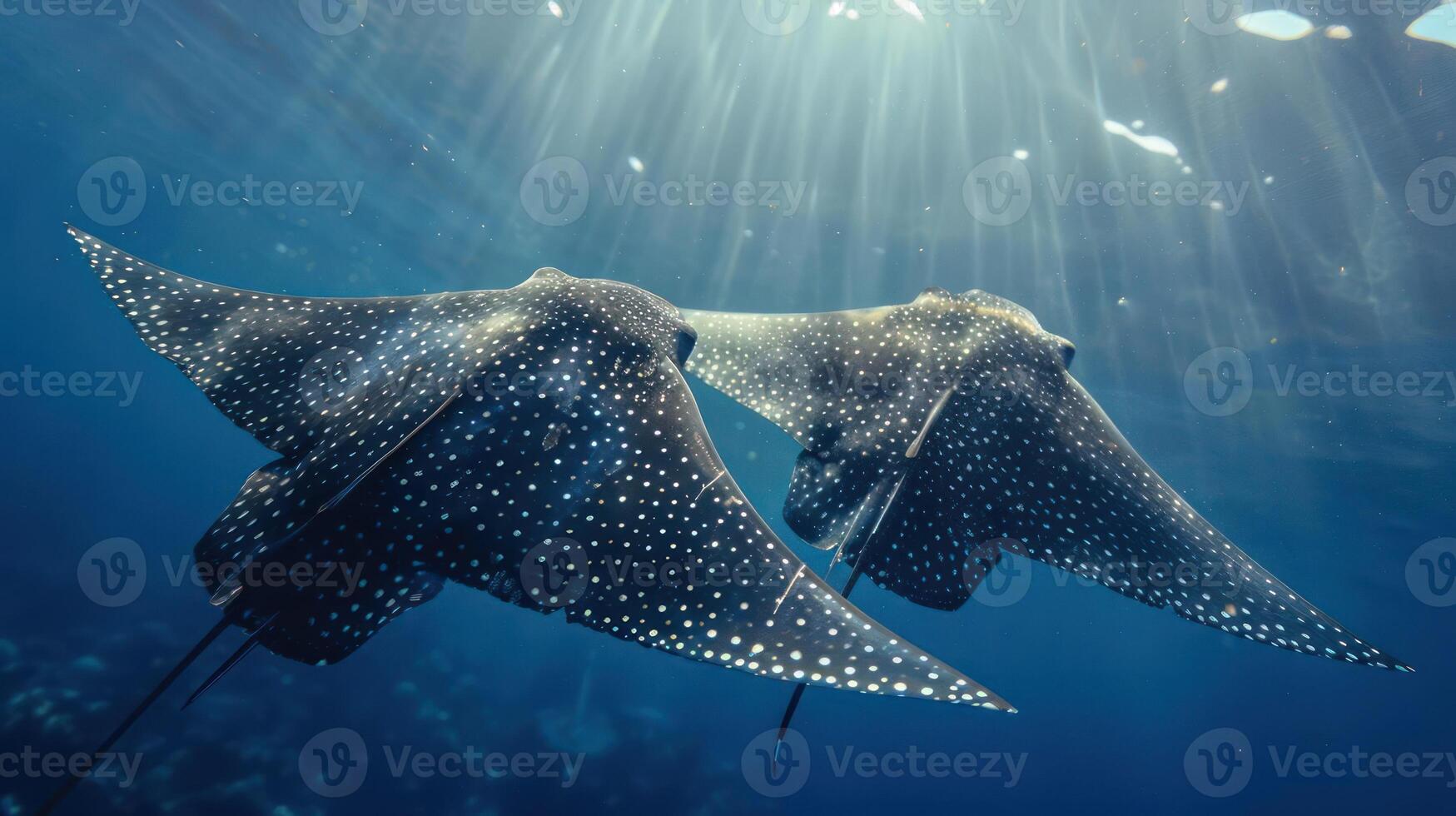 Two stingrays, with spiky tails and white underside, swimming together through a clear blue ocean. photo