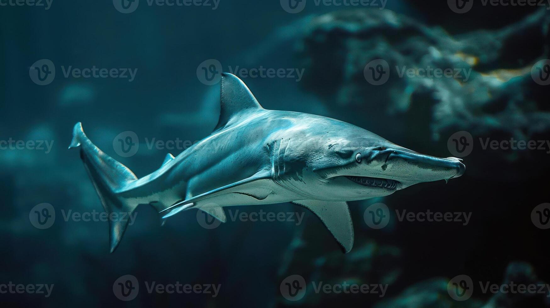 a gray reef shark swimming underwater, possibly near an artificial coral reef. photo