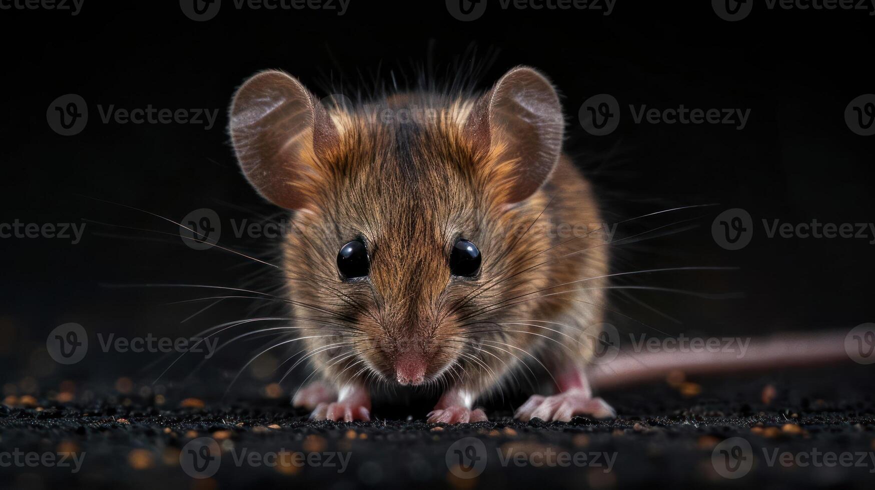 A brown mouse with big black eyes and whiskers, standing on a dark surface, possibly ready to run. photo