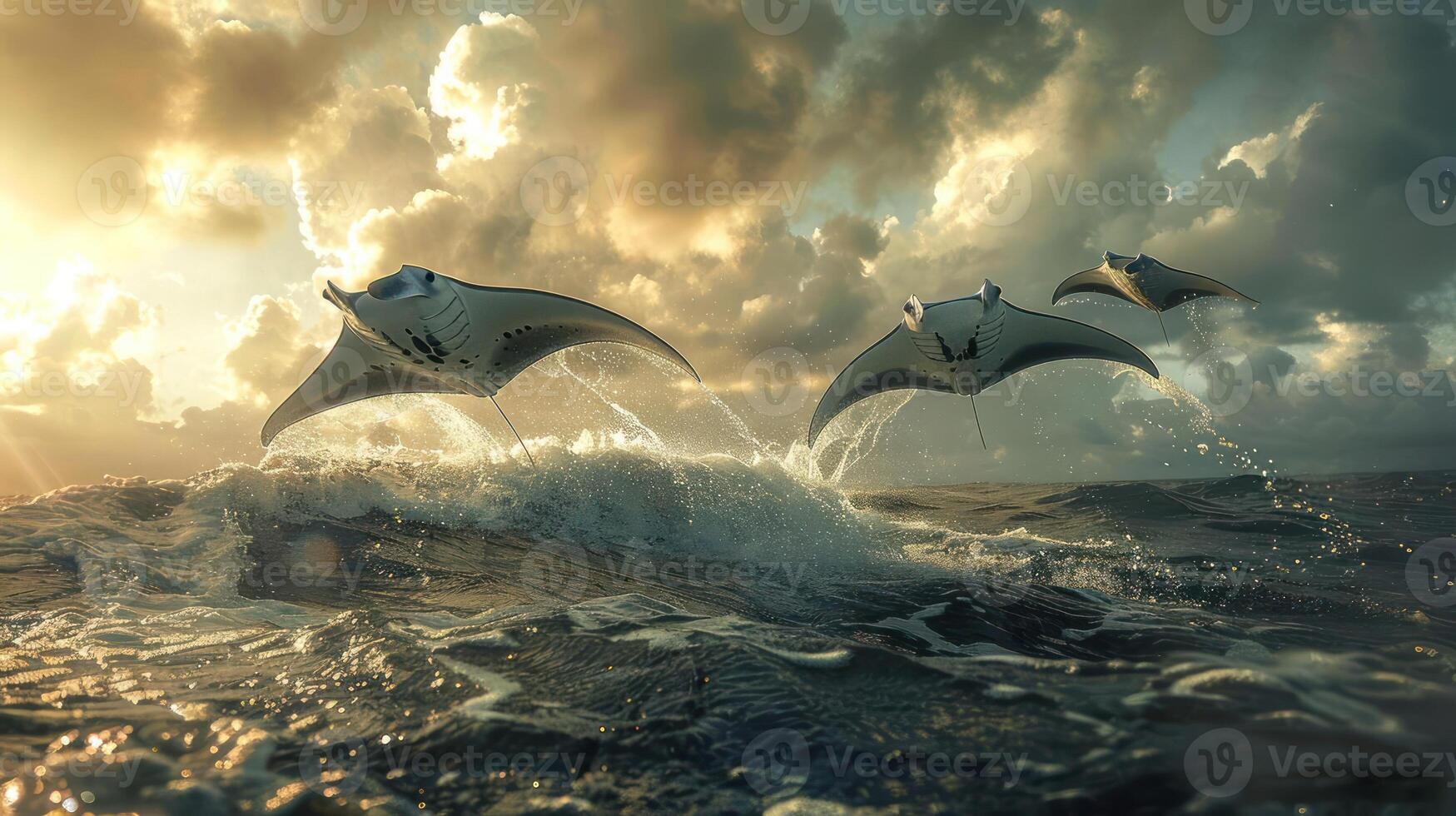 A group of flying mammals gracefully soar over the ocean during a dramatic sunset, photo