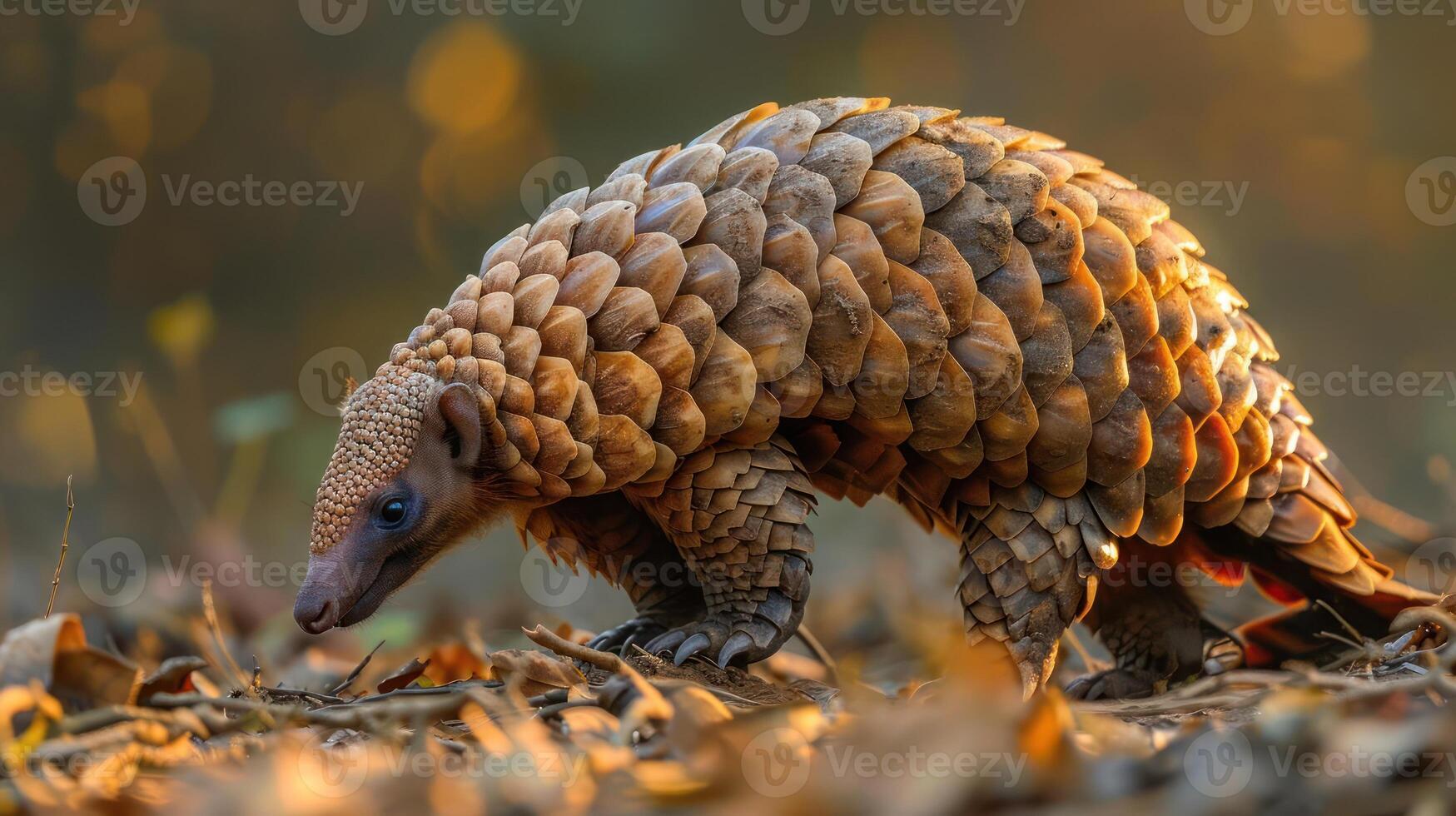 captures a majestic pangolin walking through the forest, its scales shining with the light. photo