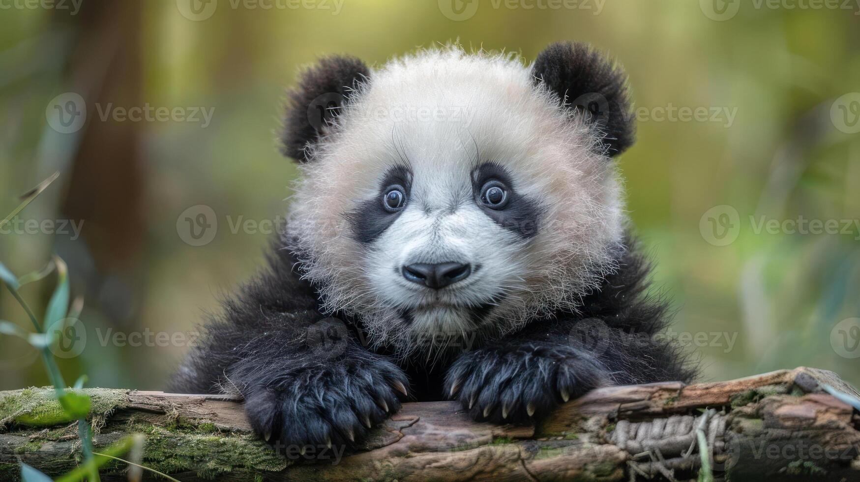 A cute panda cub peers out of the forest with a soft gaze. photo