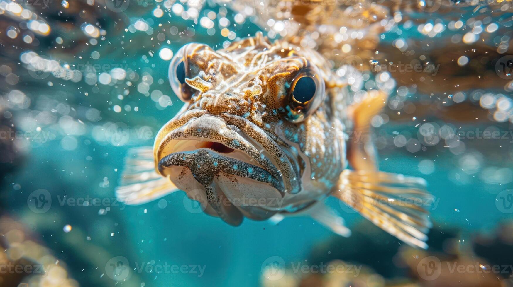 A close-up of a clownfish, with its eyes wide open and mouth slightly agape, photo