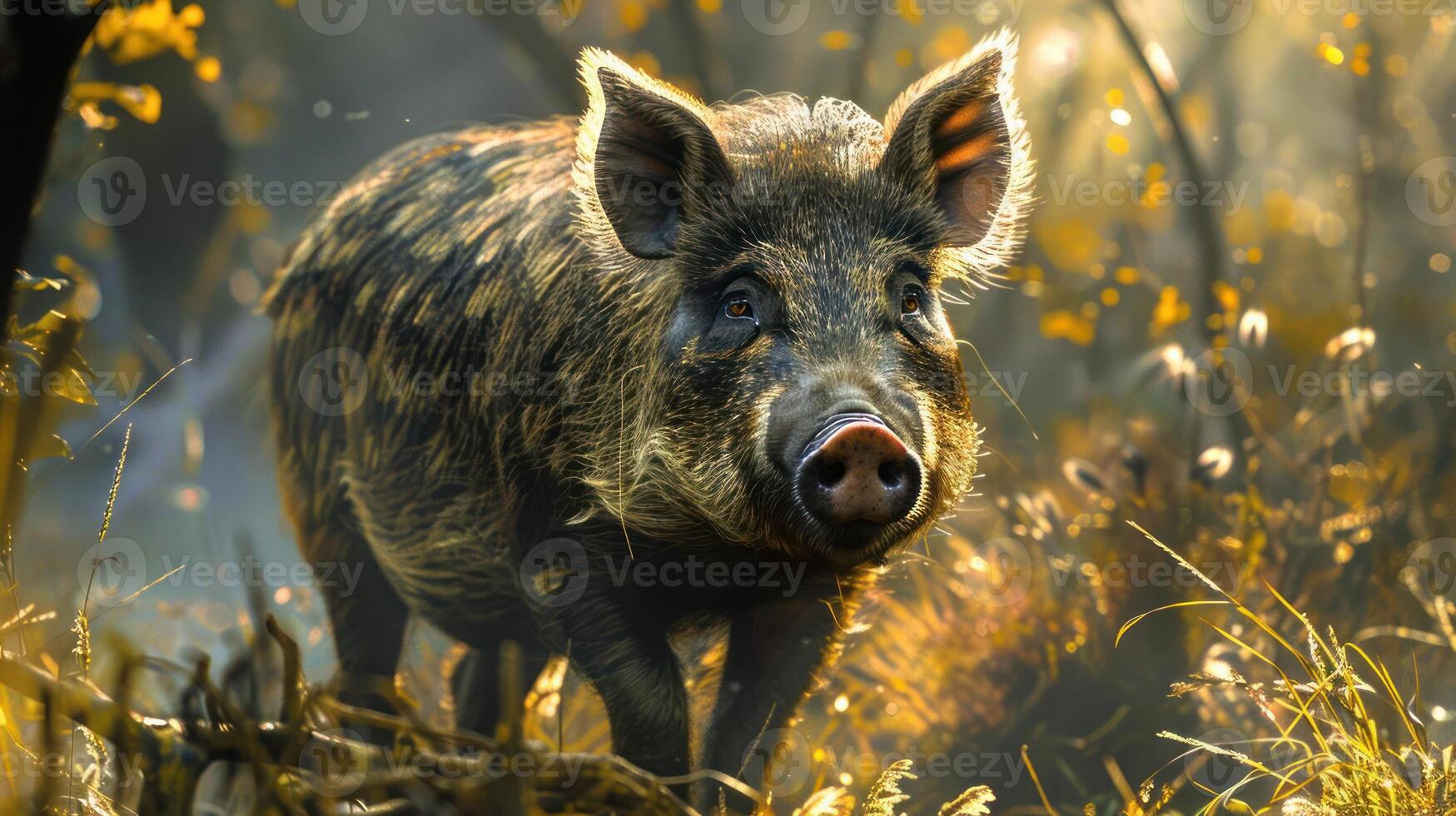 Adorable pink pig walking through a beautiful forest. photo