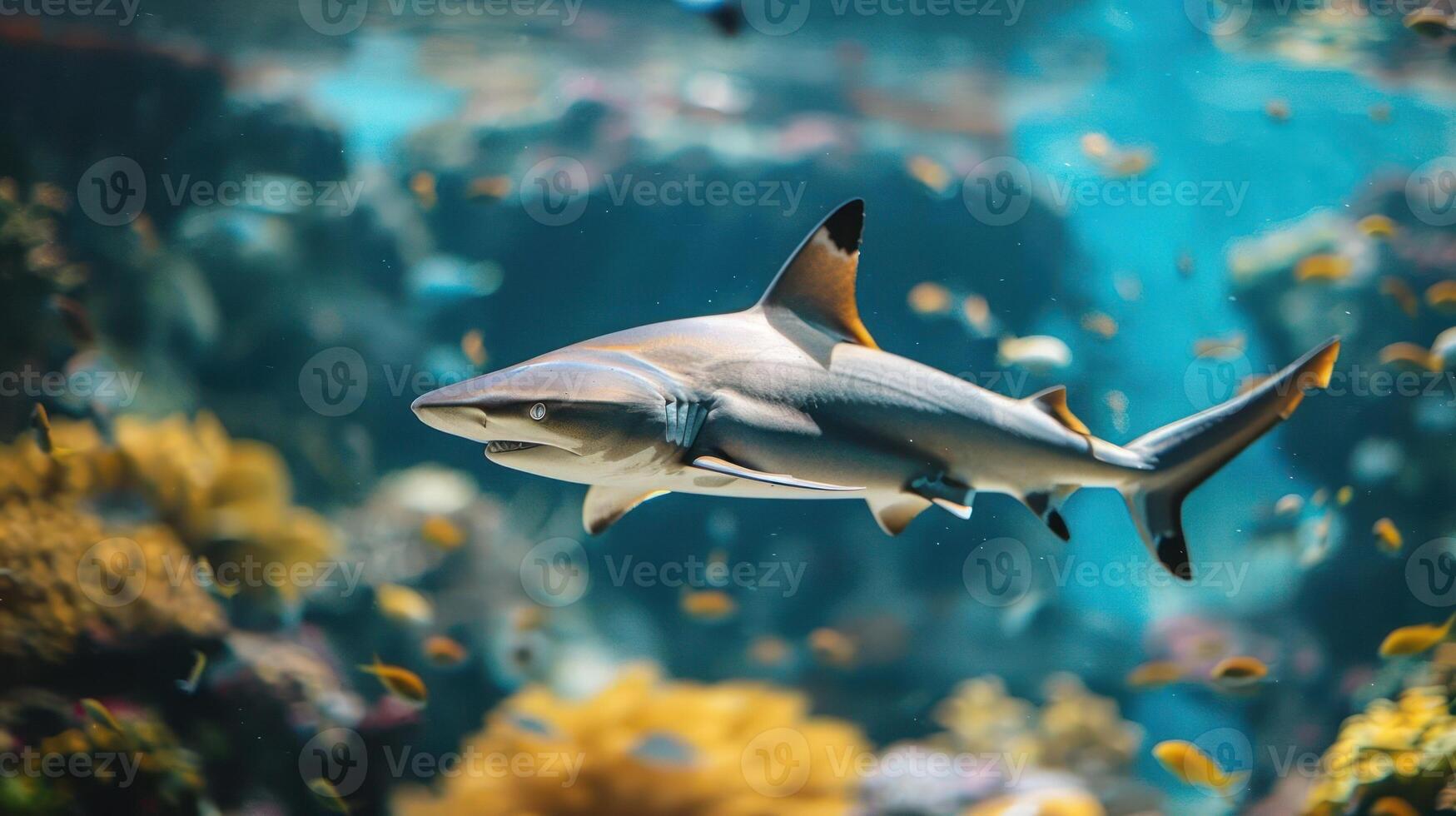 depicts an ocean scene with a large shark gracefully swimming among colorful corals and diverse fish photo