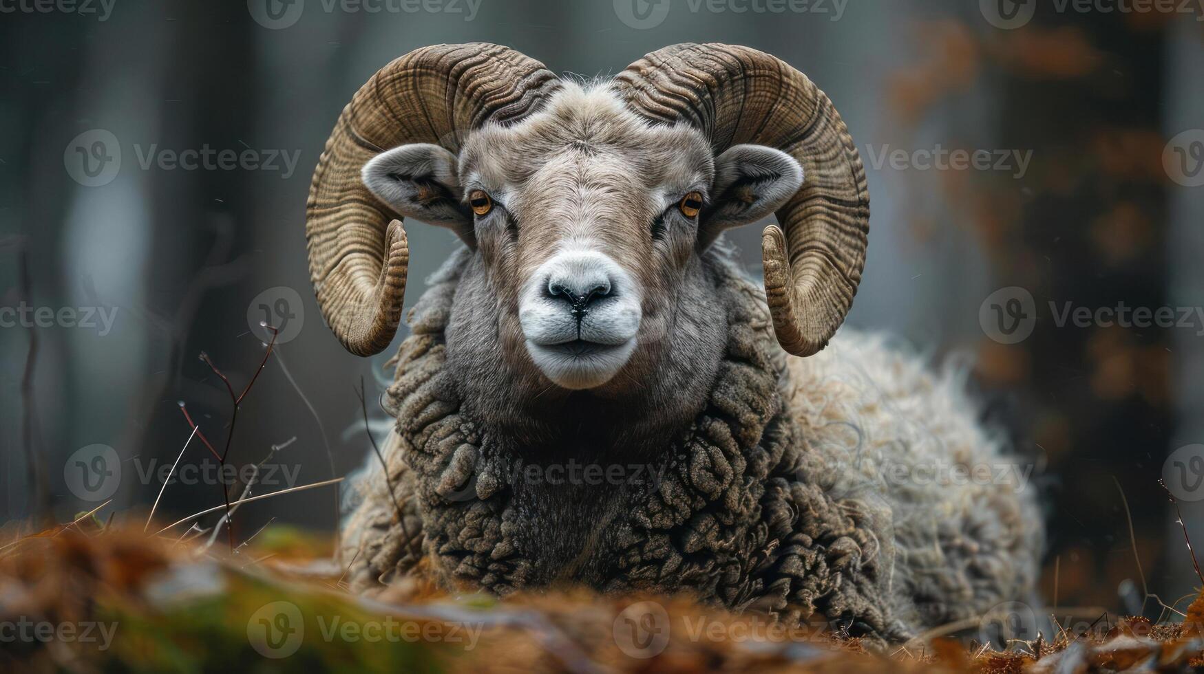An adult male rams face, showing its curved horns and attentive gaze towards the camera. photo